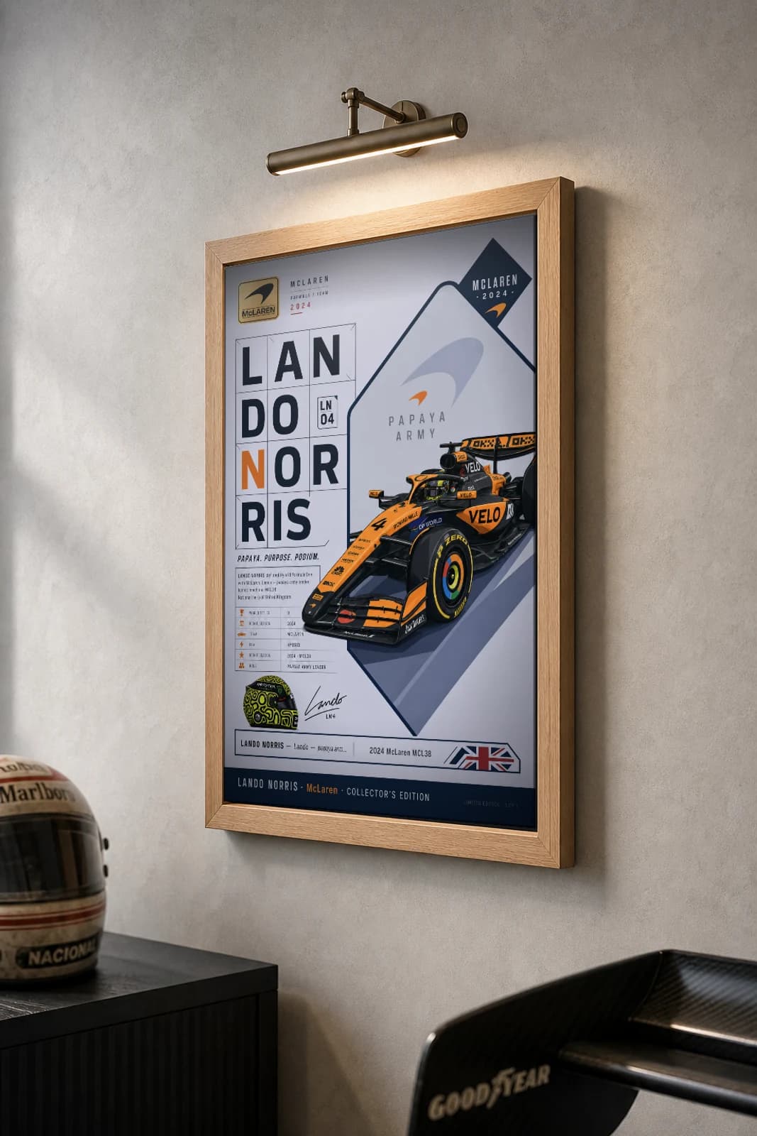 Lando Norris Poster — 2024 McLaren MCL38 Hybrid F1 Heritage Collector Print — the framed print shown at a three-quarter angle on a styled gallery wall in a natural-oak frame