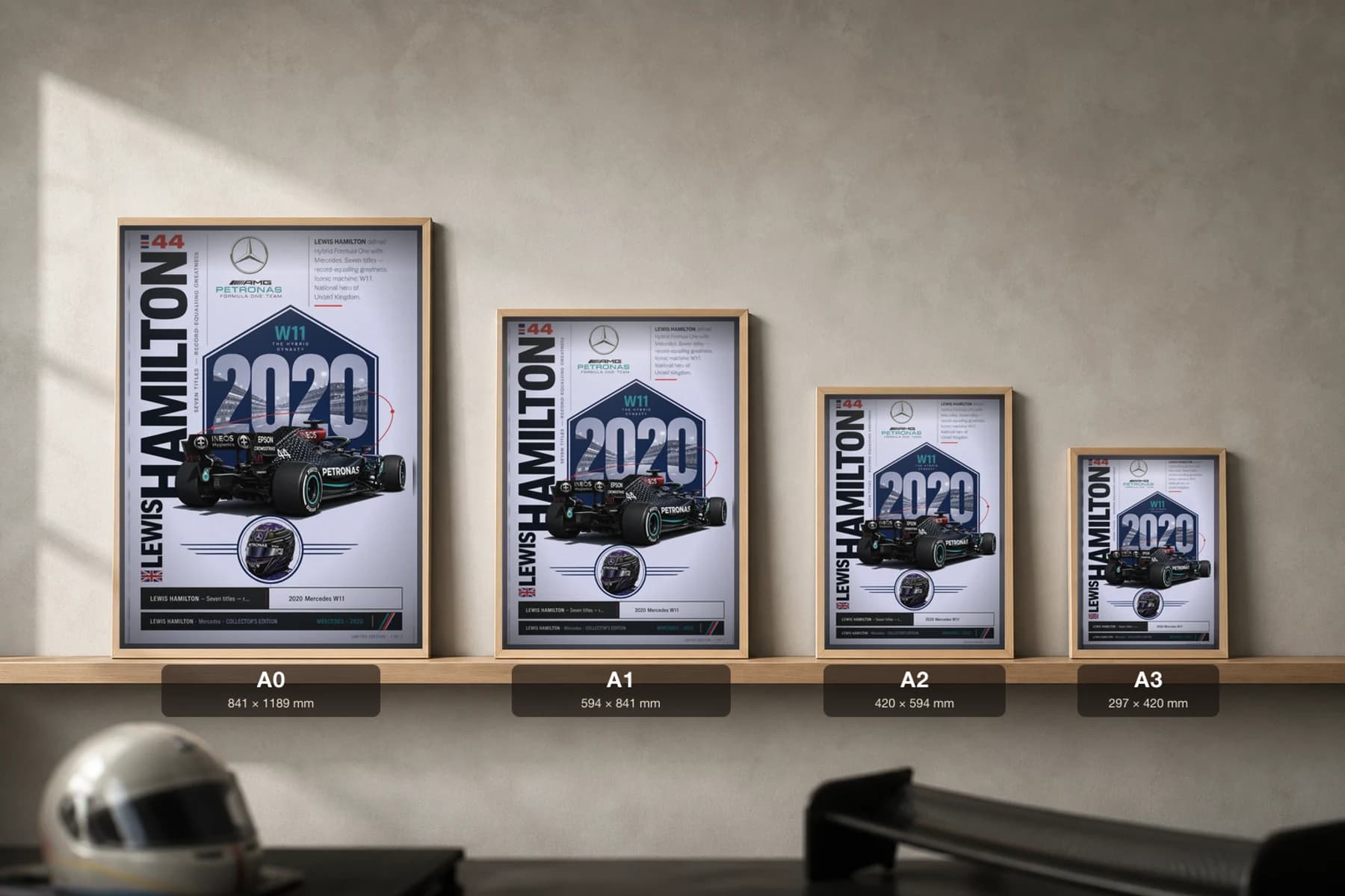 Lewis Hamilton Poster — 2020 Mercedes W11 Hybrid F1 Heritage Collector Print — print size guide showing the artwork at A0, A1, A2 and A3 in natural-oak frames at true relative scale