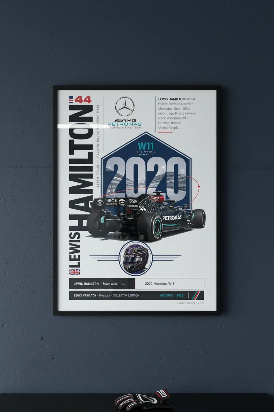 Lewis Hamilton poster in black A2 frame on navy-hexagon-frame polished concrete wall — F1 heritage collector mockup