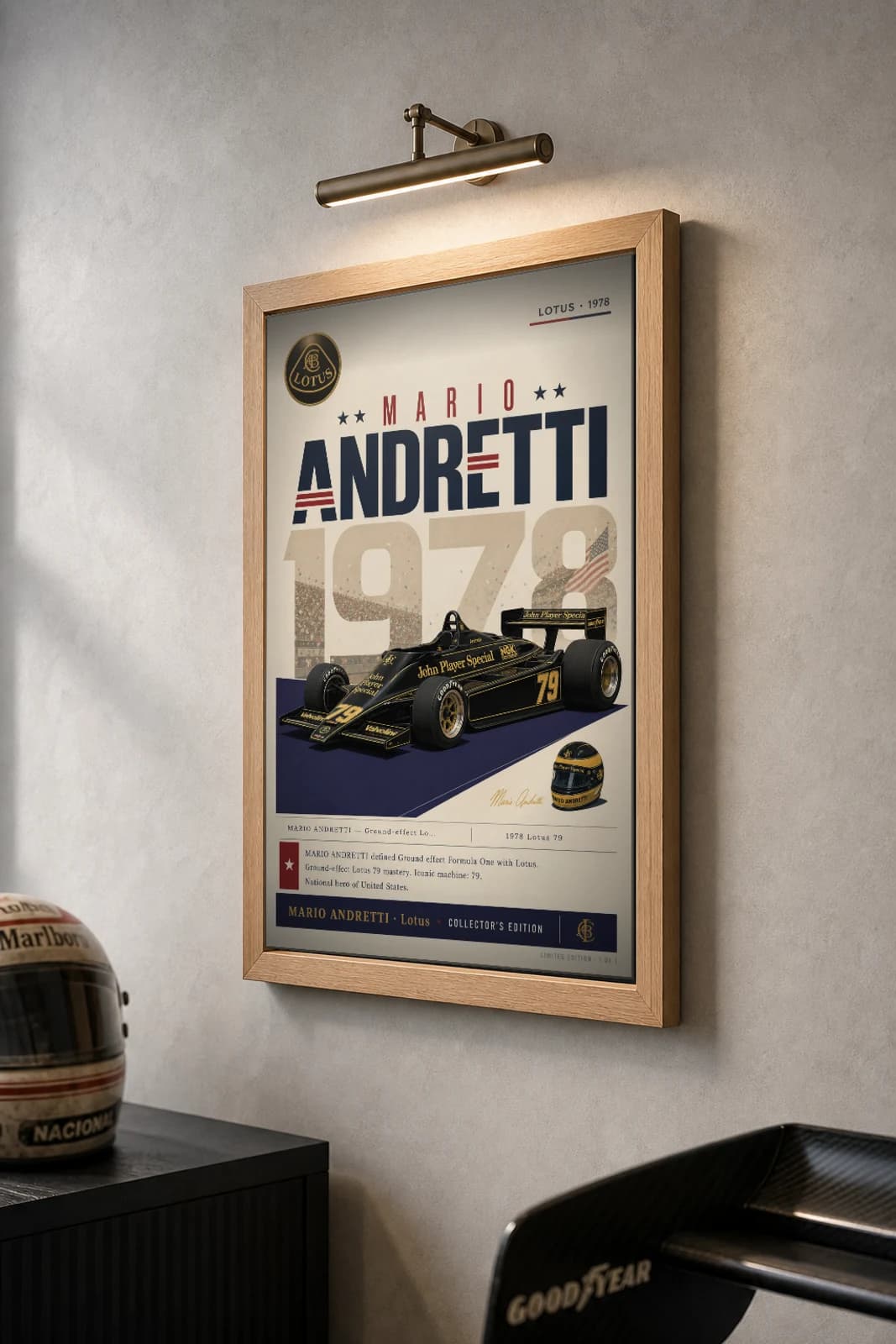 Mario Andretti Poster — 1978 Lotus 79 Ground effect F1 Heritage Collector Print — the framed print shown at a three-quarter angle on a styled gallery wall in a natural-oak frame