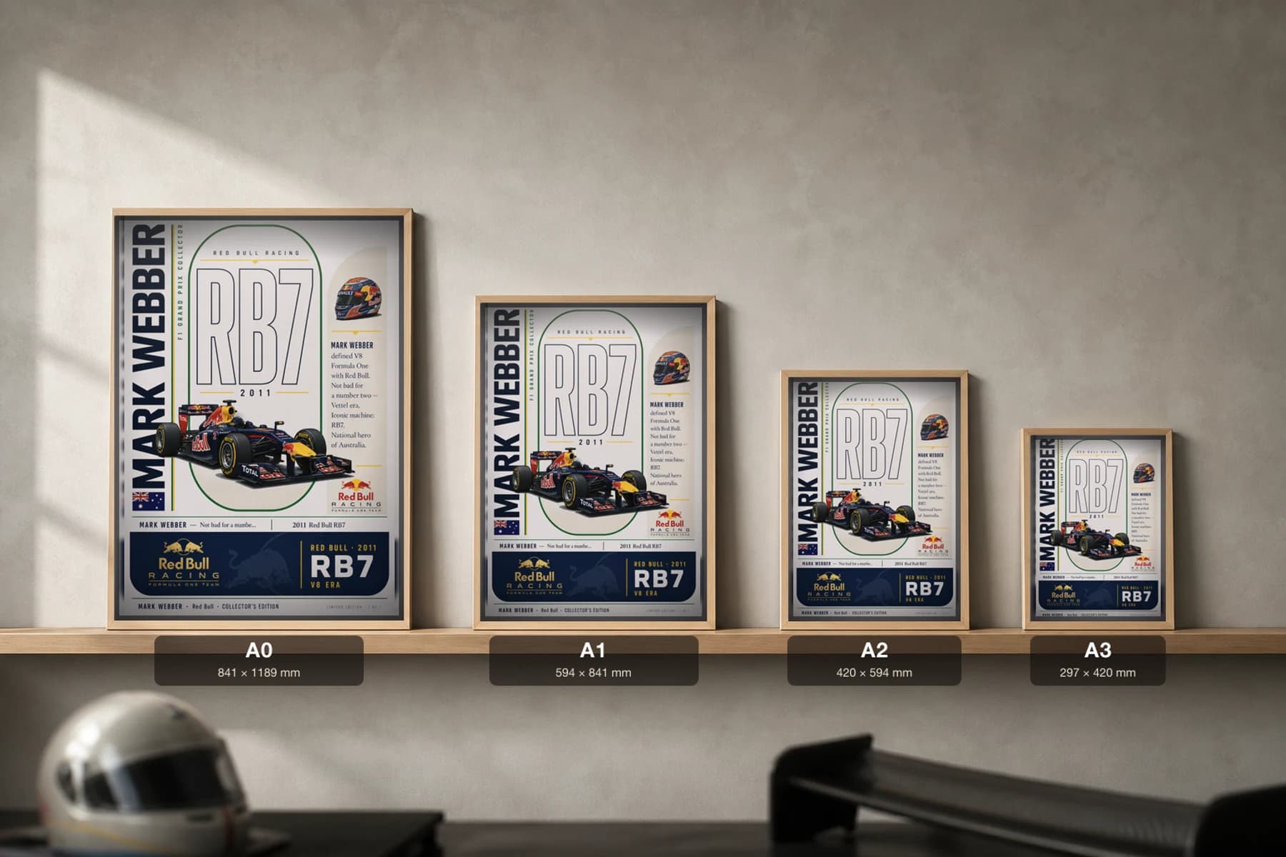 Mark Webber Poster — 2011 Red Bull RB7 V8 F1 Heritage Collector Print — print size guide showing the artwork at A0, A1, A2 and A3 in natural-oak frames at true relative scale