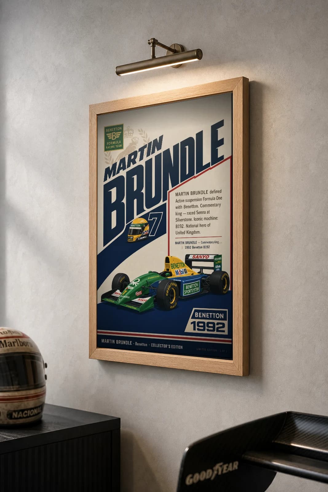 Martin Brundle Poster — 1992 Benetton B192 Active Suspension F1 Heritage Collector Print — the framed print shown at a three-quarter angle on a styled gallery wall in a natural-oak frame