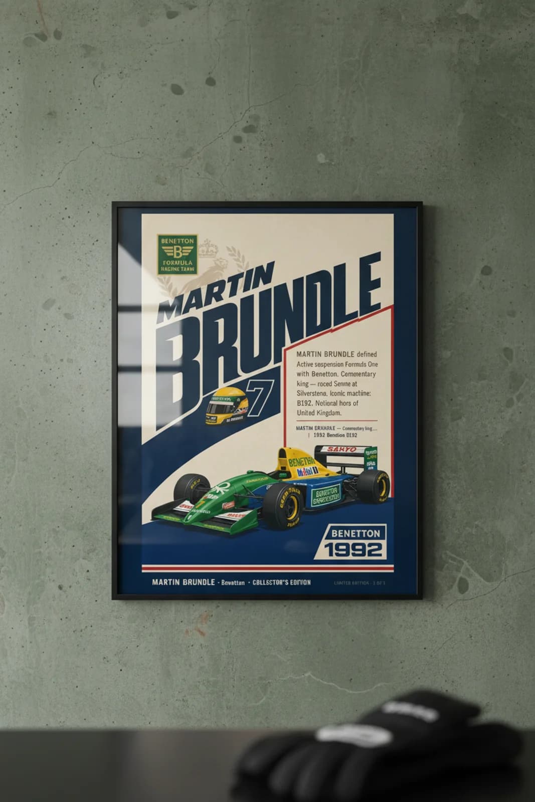Martin Brundle poster in black A2 frame on benetton-green polished concrete wall — F1 heritage collector mockup