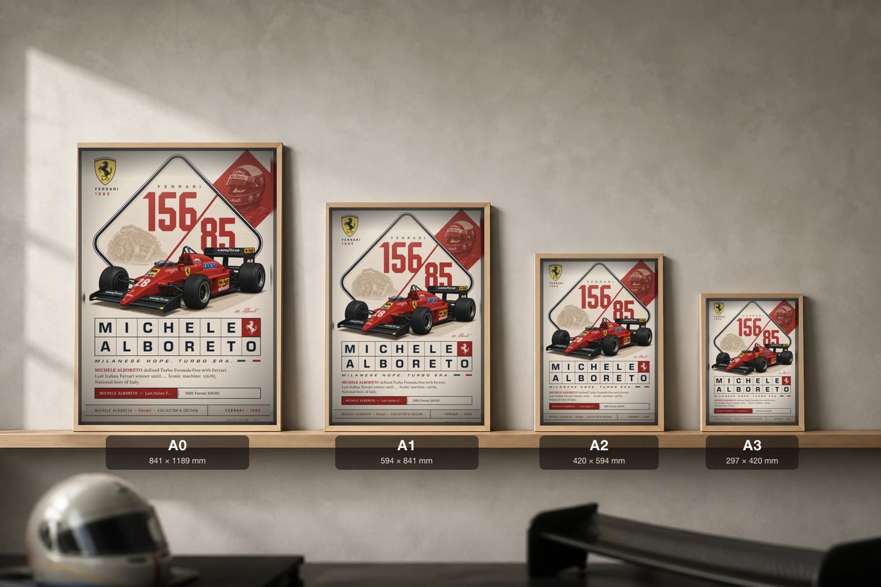 Michele Alboreto Poster — 1985 Ferrari 156/85 Turbo F1 Heritage Collector Print — print size guide showing the artwork at A0, A1, A2 and A3 in natural-oak frames at true relative scale