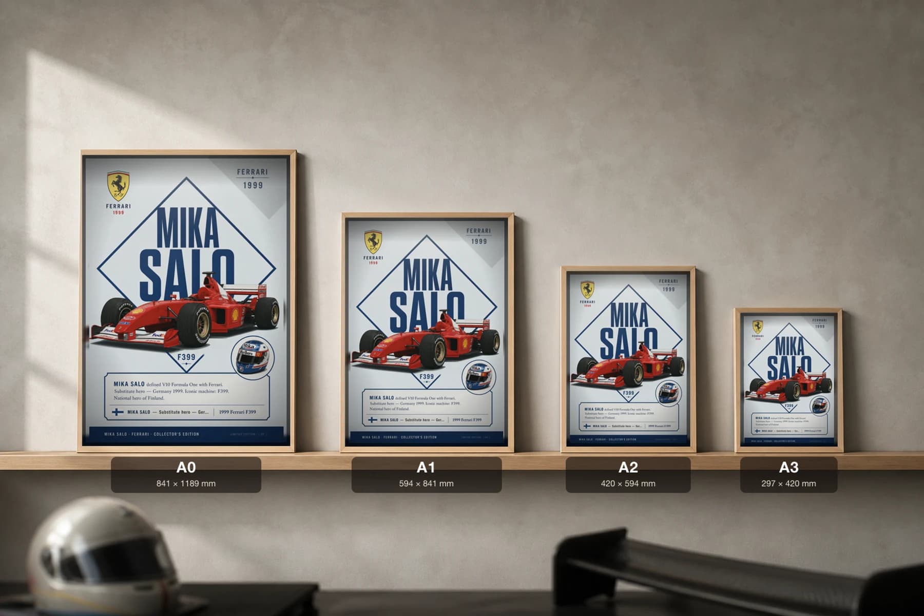 Mika Salo Poster — 1999 Ferrari F399 V10 F1 Heritage Collector Print — print size guide showing the artwork at A0, A1, A2 and A3 in natural-oak frames at true relative scale