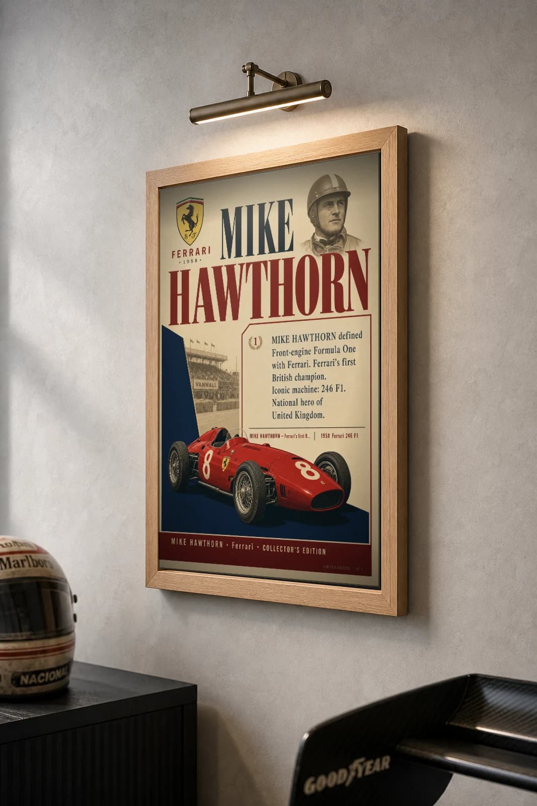 Mike Hawthorn Poster — 1958 Ferrari 246 F1 Front-Engine F1 Heritage Collector Print — the framed print shown at a three-quarter angle on a styled gallery wall in a natural-oak frame