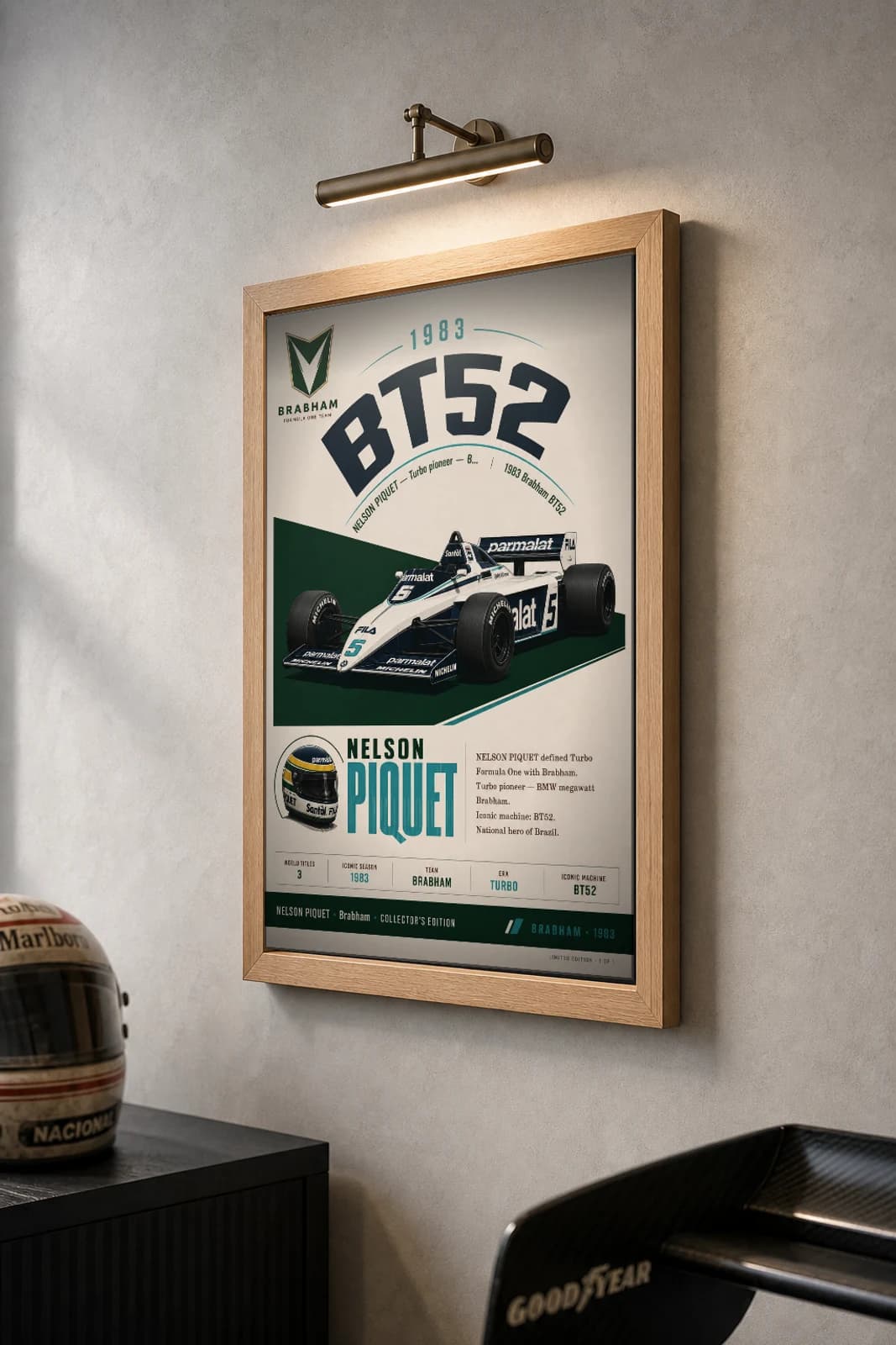 Nelson Piquet Poster — 1983 Brabham BT52 Turbo Era F1 Heritage Collector Print — the framed print shown at a three-quarter angle on a styled gallery wall in a natural-oak frame