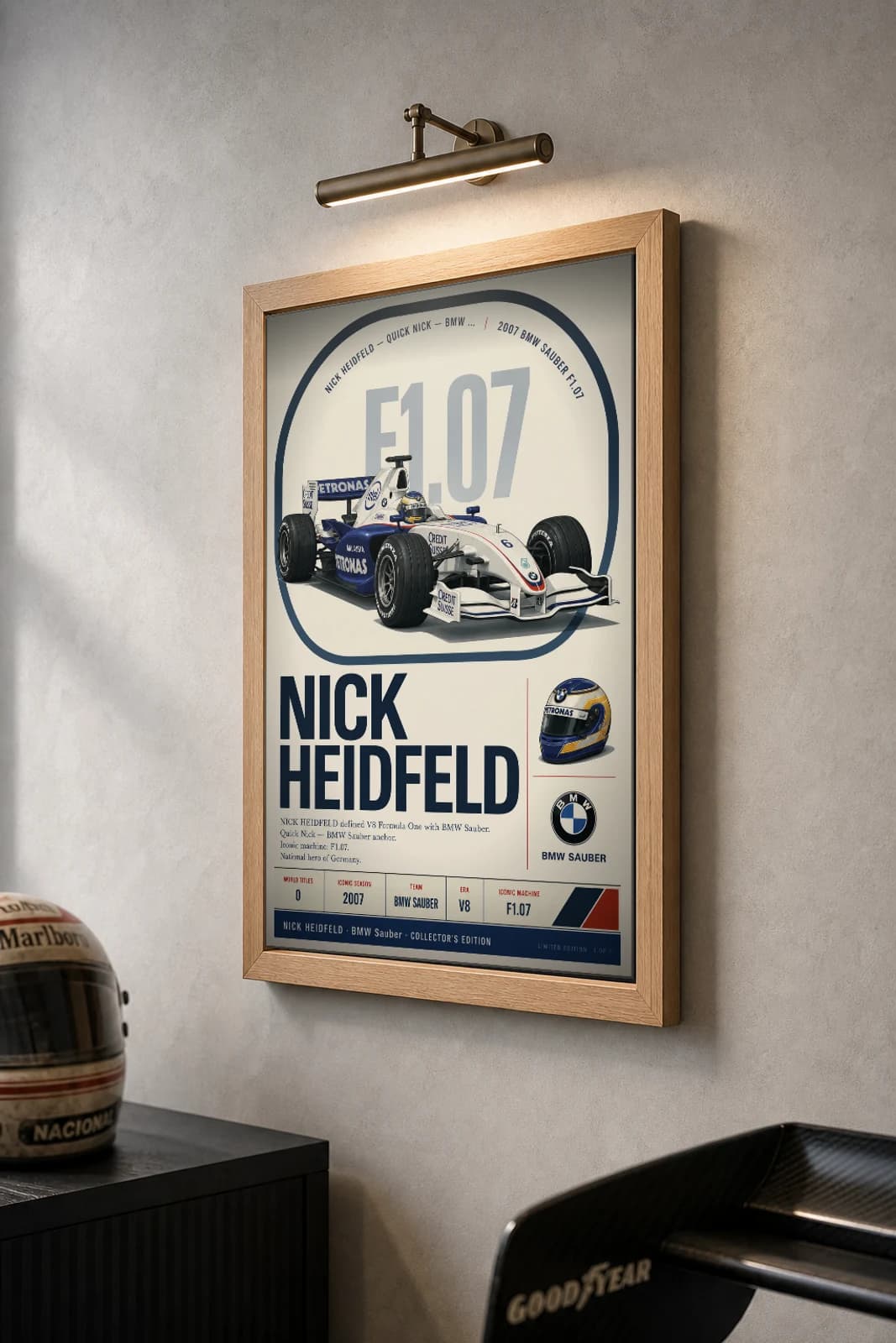 Nick Heidfeld Poster — 2007 BMW Sauber F1.07 V8 F1 Heritage Collector Print — the framed print shown at a three-quarter angle on a styled gallery wall in a natural-oak frame