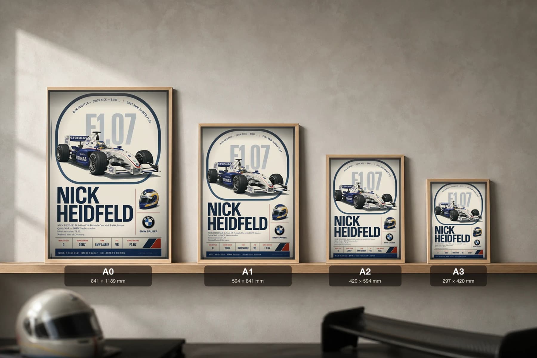 Nick Heidfeld Poster — 2007 BMW Sauber F1.07 V8 F1 Heritage Collector Print — print size guide showing the artwork at A0, A1, A2 and A3 in natural-oak frames at true relative scale