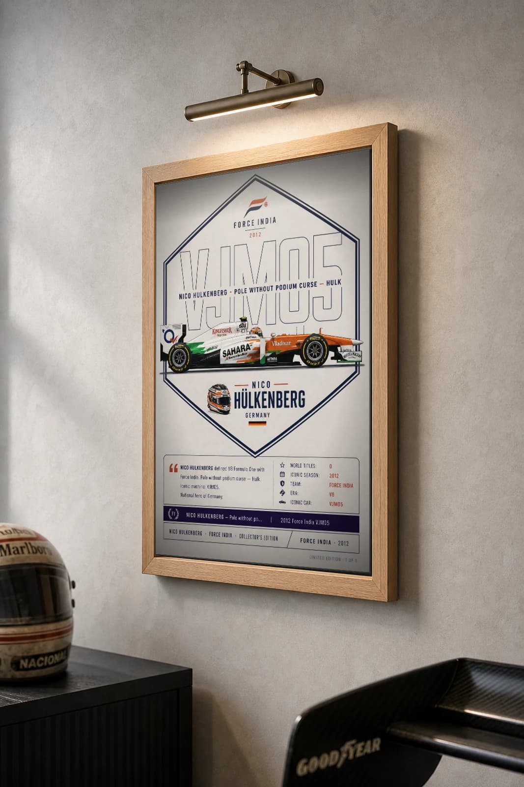 Nico Hülkenberg Poster — 2012 Force India VJM05 V8 F1 Heritage Collector Print — the framed print shown at a three-quarter angle on a styled gallery wall in a natural-oak frame