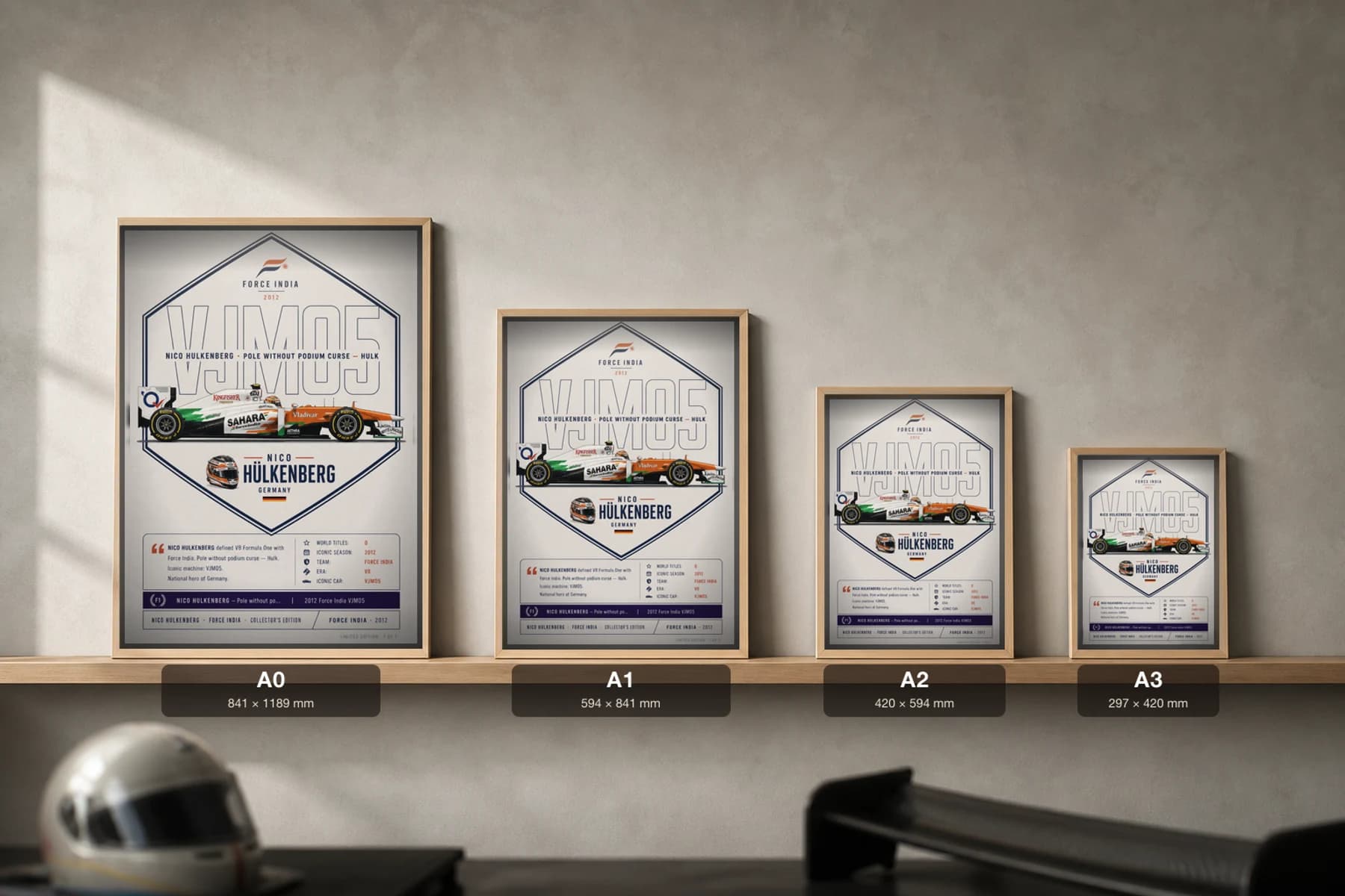 Nico Hülkenberg Poster — 2012 Force India VJM05 V8 F1 Heritage Collector Print — print size guide showing the artwork at A0, A1, A2 and A3 in natural-oak frames at true relative scale
