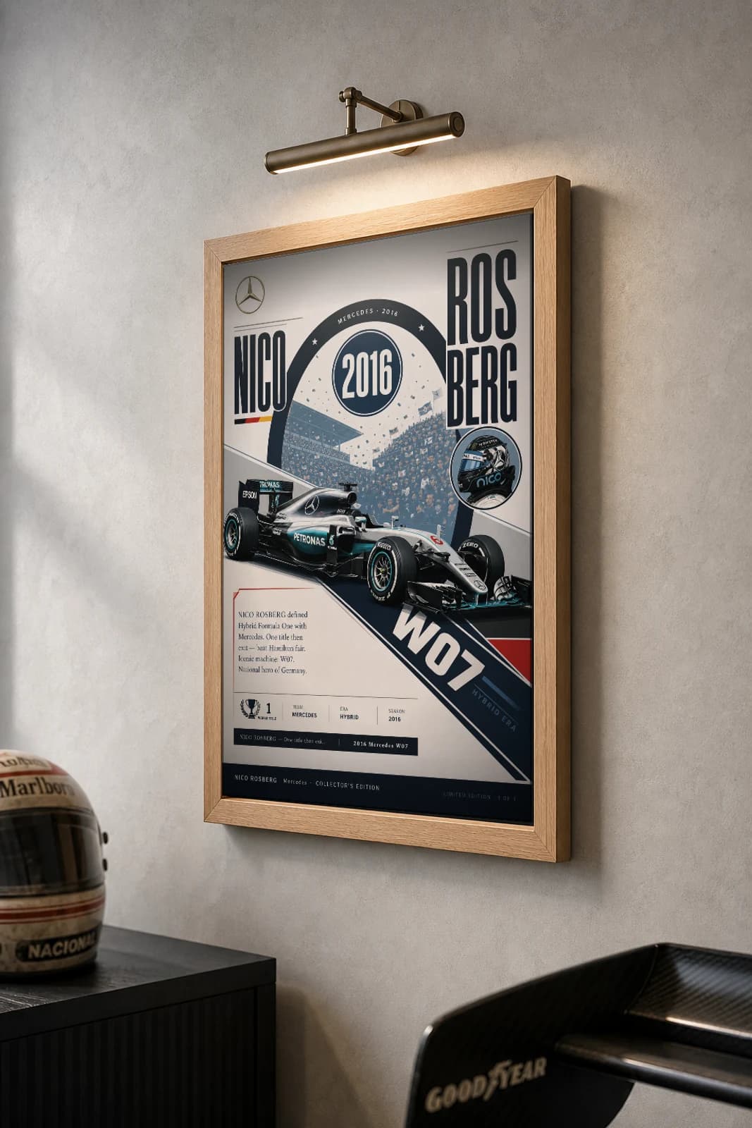 Nico Rosberg Poster — 2016 Mercedes W07 Hybrid F1 Heritage Collector Print — the framed print shown at a three-quarter angle on a styled gallery wall in a natural-oak frame