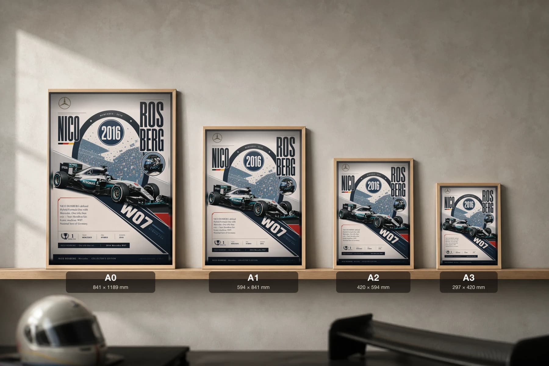 Nico Rosberg Poster — 2016 Mercedes W07 Hybrid F1 Heritage Collector Print — print size guide showing the artwork at A0, A1, A2 and A3 in natural-oak frames at true relative scale