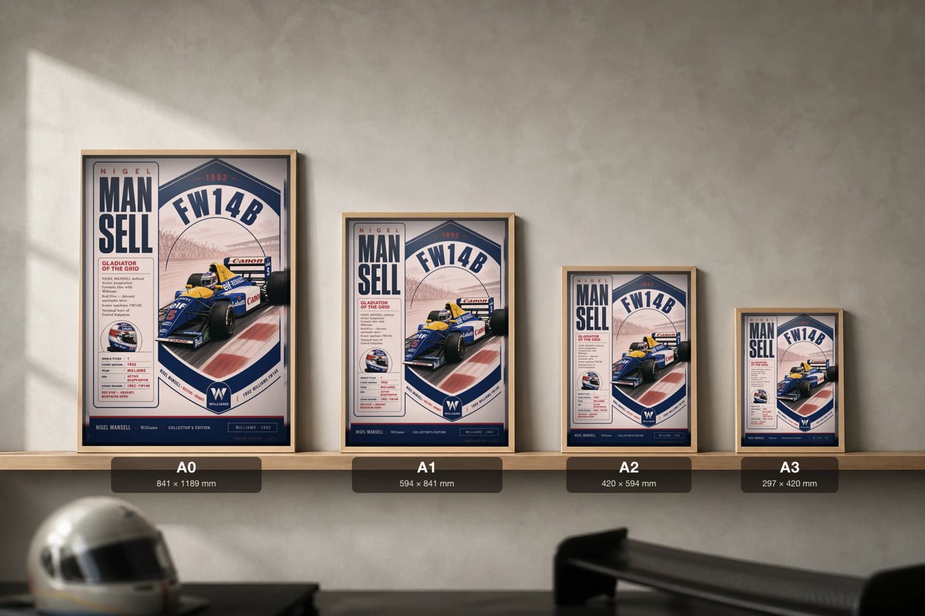 Nigel Mansell Poster — 1992 Williams FW14B Active Suspension F1 Heritage Collector Print — print size guide showing the artwork at A0, A1, A2 and A3 in natural-oak frames at true relative scale