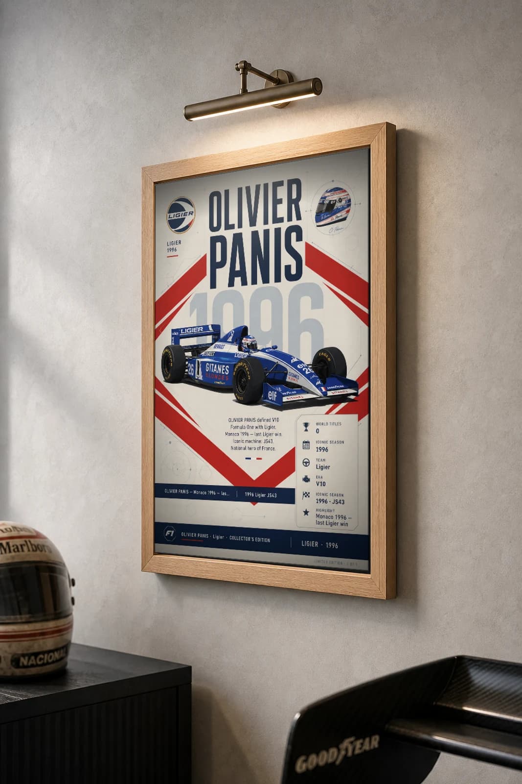 Olivier Panis Poster — 1996 Ligier JS43 V10 F1 Heritage Collector Print — the framed print shown at a three-quarter angle on a styled gallery wall in a natural-oak frame