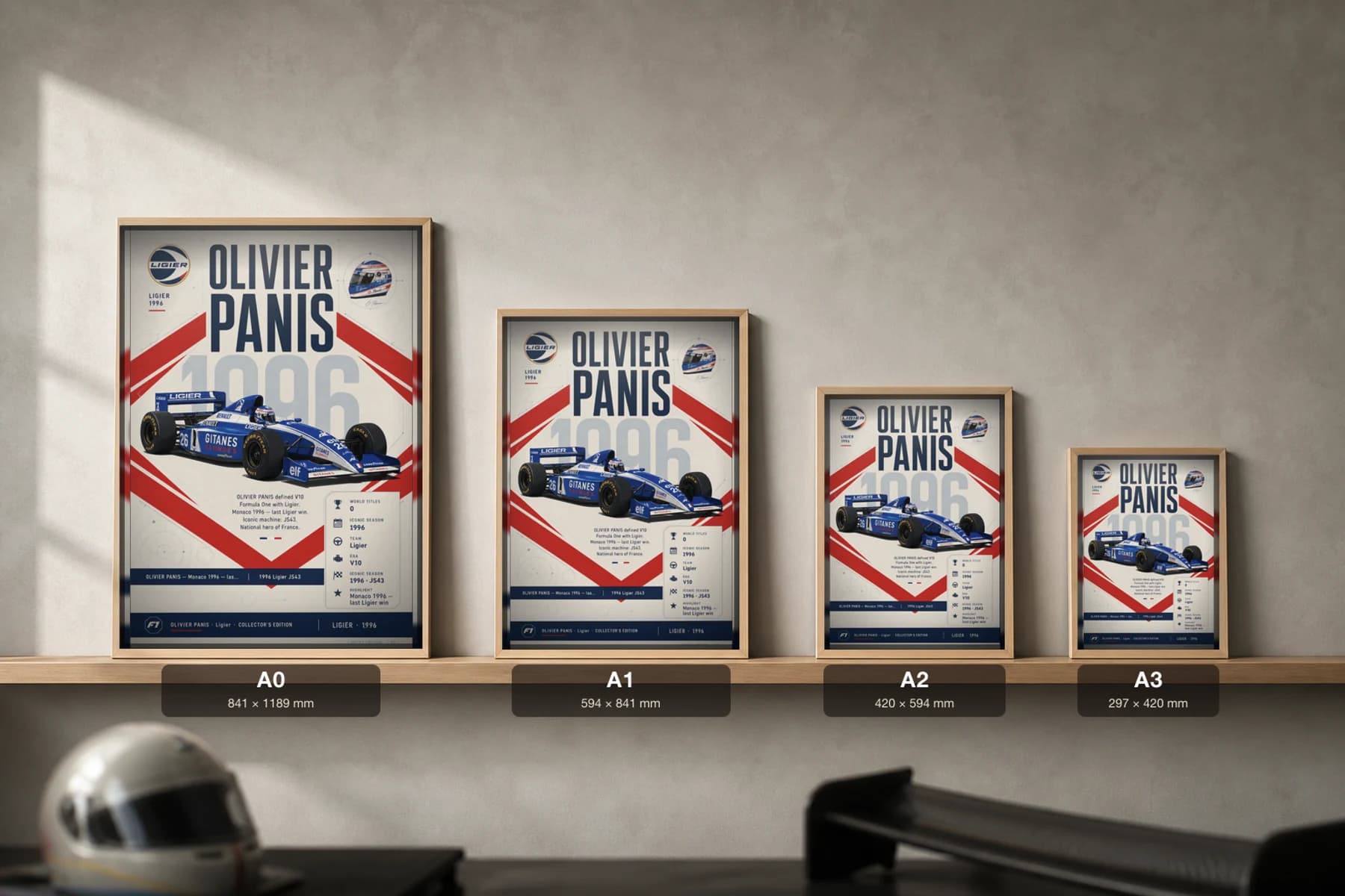 Olivier Panis Poster — 1996 Ligier JS43 V10 F1 Heritage Collector Print — print size guide showing the artwork at A0, A1, A2 and A3 in natural-oak frames at true relative scale