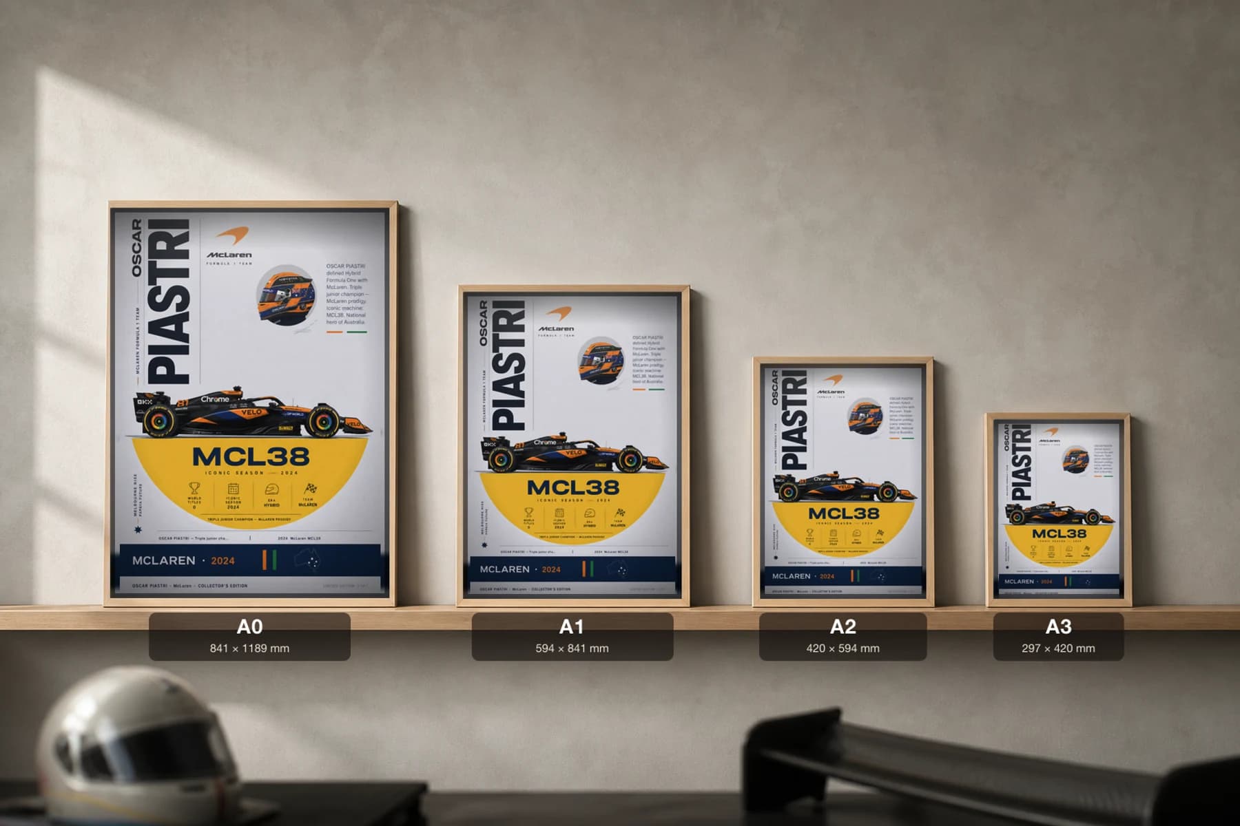 Oscar Piastri Poster — 2024 McLaren MCL38 Hybrid F1 Heritage Collector Print — print size guide showing the artwork at A0, A1, A2 and A3 in natural-oak frames at true relative scale