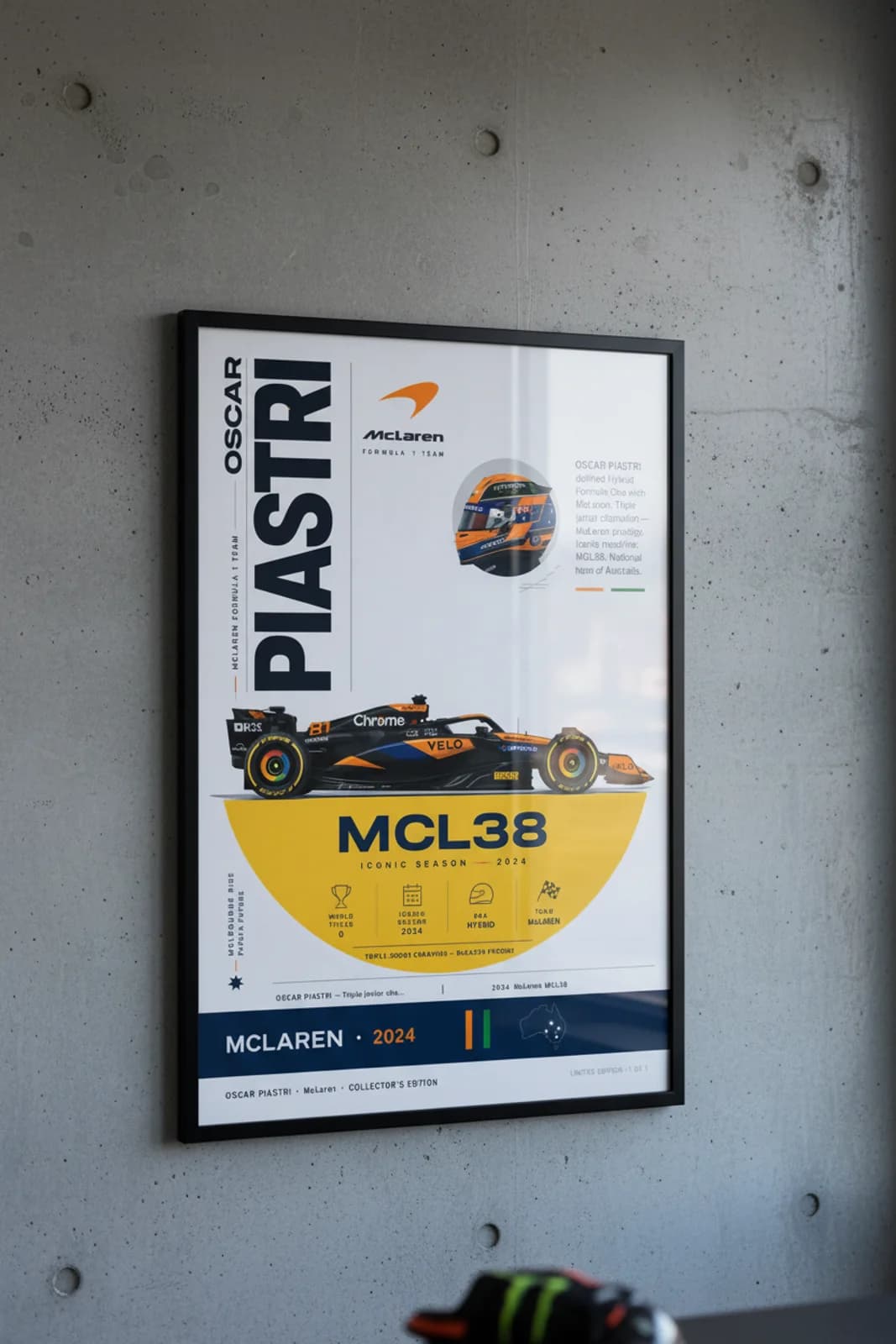 Oscar Piastri poster in black A2 frame on navy-vertical-nameplate polished concrete wall — F1 heritage collector mockup