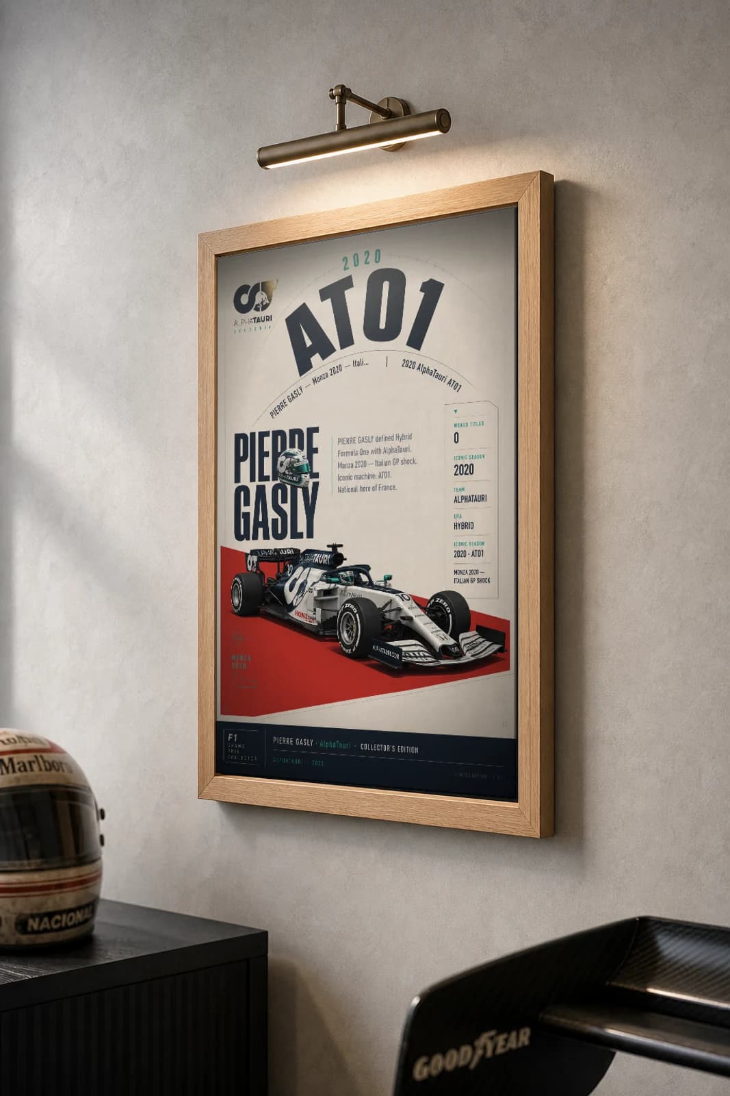 Pierre Gasly Poster — 2020 AlphaTauri AT01 Hybrid F1 Heritage Collector Print — the framed print shown at a three-quarter angle on a styled gallery wall in a natural-oak frame