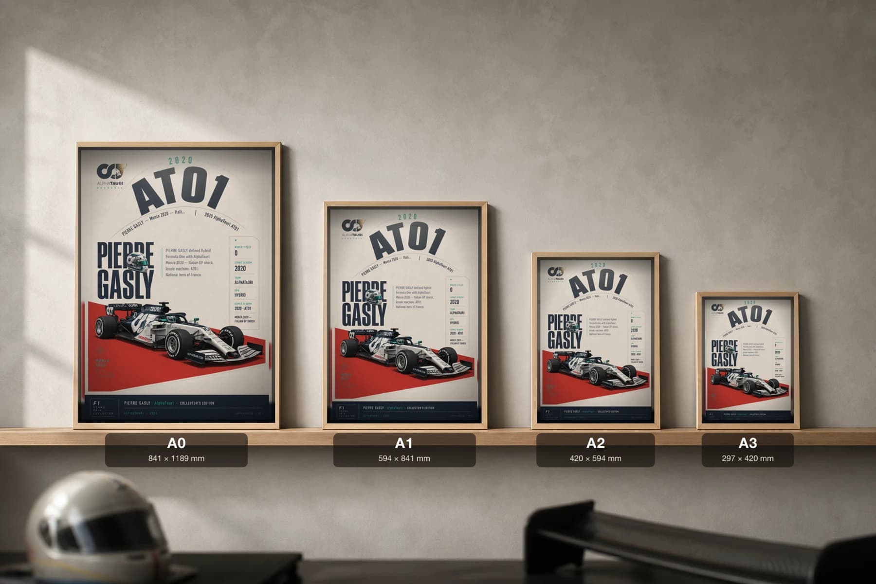 Pierre Gasly Poster — 2020 AlphaTauri AT01 Hybrid F1 Heritage Collector Print — print size guide showing the artwork at A0, A1, A2 and A3 in natural-oak frames at true relative scale