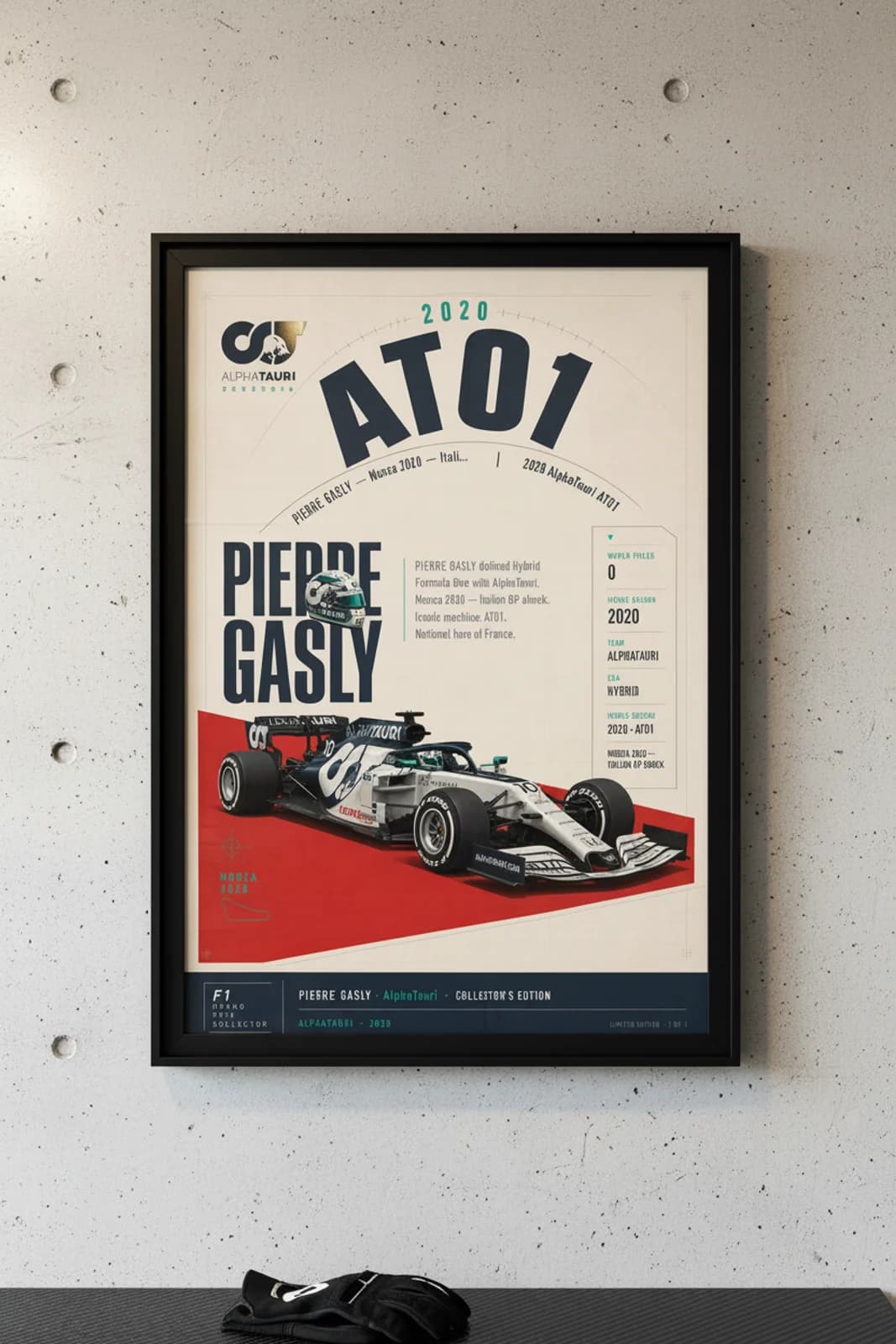 Pierre Gasly poster in black A2 frame on alphatauri-white-navy polished concrete wall — F1 heritage collector mockup