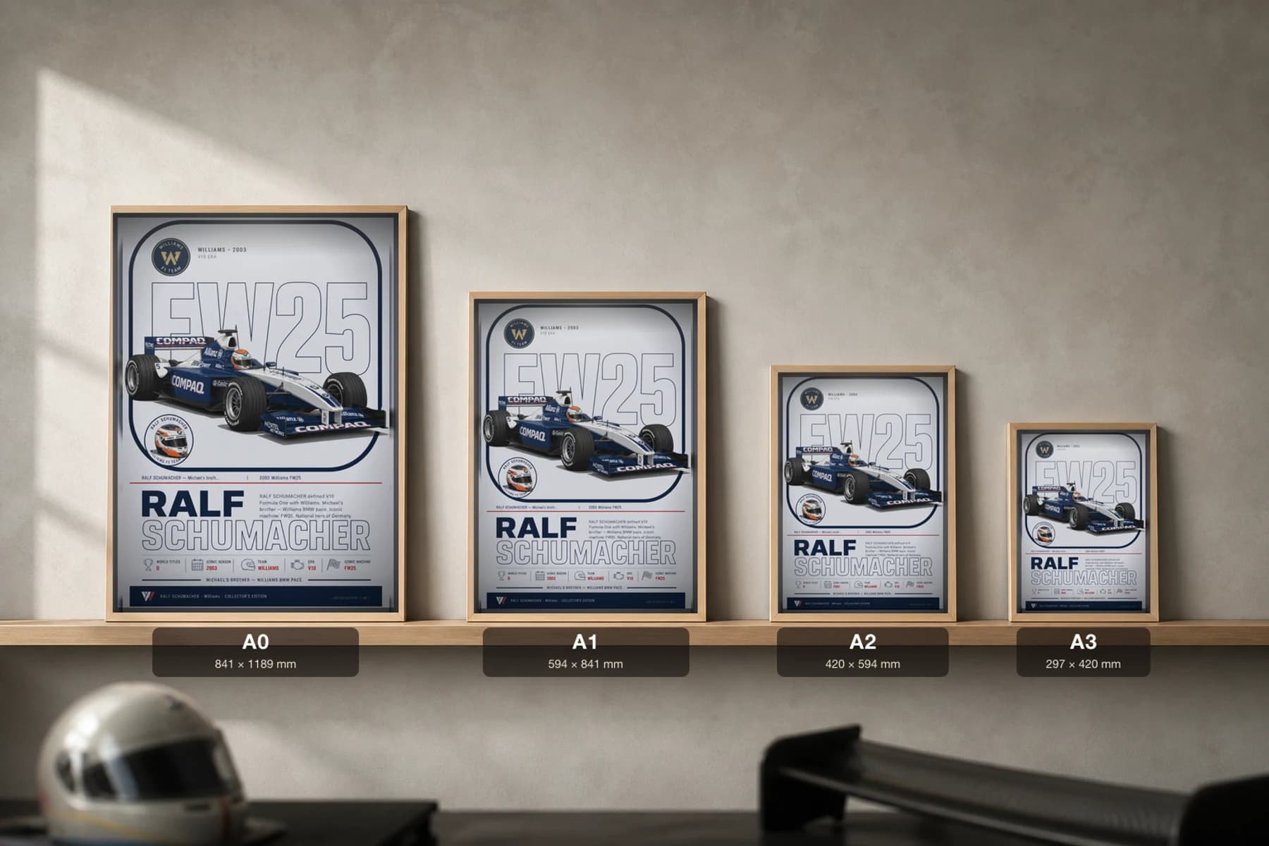 Ralf Schumacher Poster — 2003 Williams FW25 V10 F1 Heritage Collector Print — print size guide showing the artwork at A0, A1, A2 and A3 in natural-oak frames at true relative scale