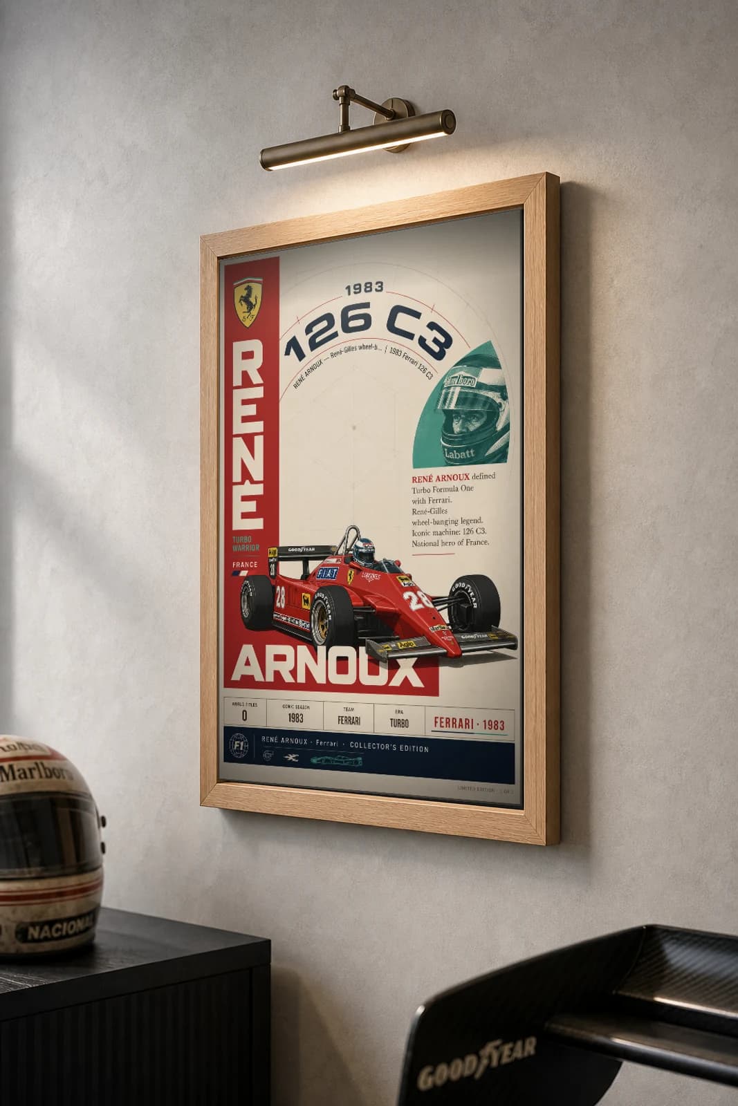René Arnoux Poster — 1983 Ferrari 126 C3 Turbo F1 Heritage Collector Print — the framed print shown at a three-quarter angle on a styled gallery wall in a natural-oak frame