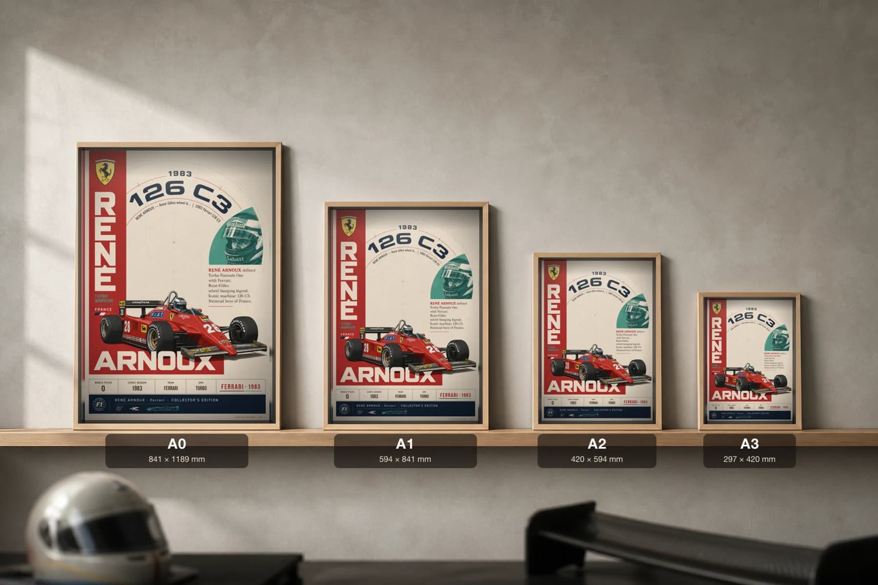 René Arnoux Poster — 1983 Ferrari 126 C3 Turbo F1 Heritage Collector Print — print size guide showing the artwork at A0, A1, A2 and A3 in natural-oak frames at true relative scale