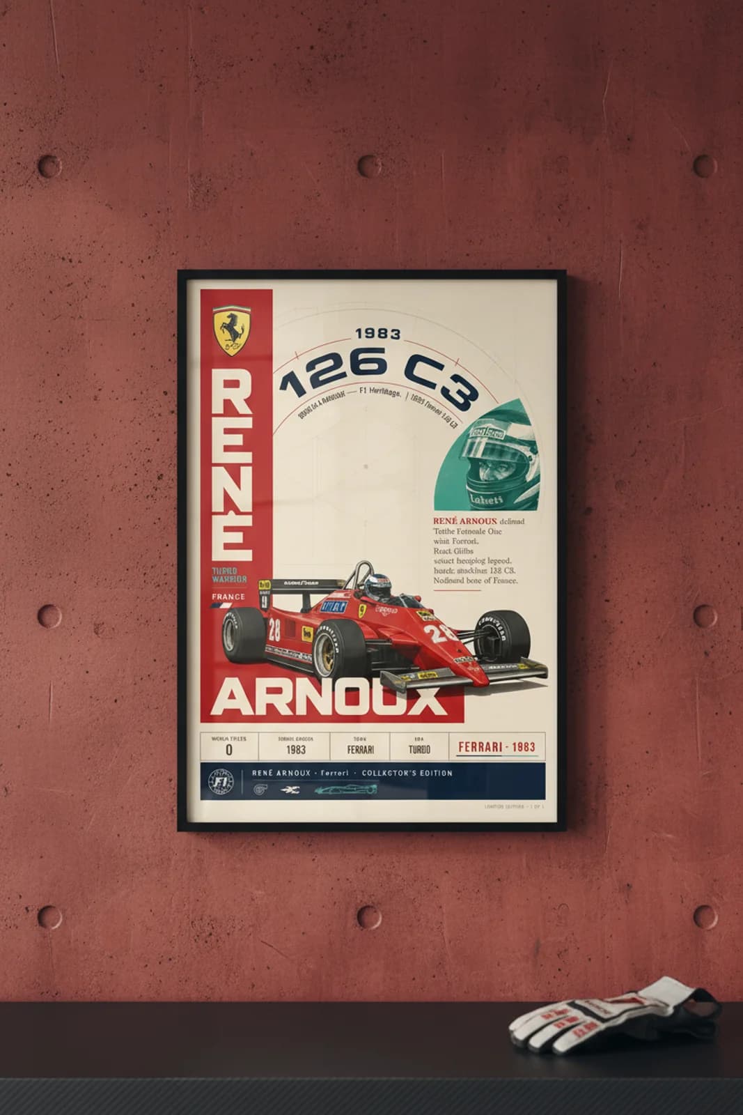 René Arnoux — F1 Heritage Collector poster in black A2 frame on rosso-corsa-scarlet polished concrete wall — F1 heritage collector mockup