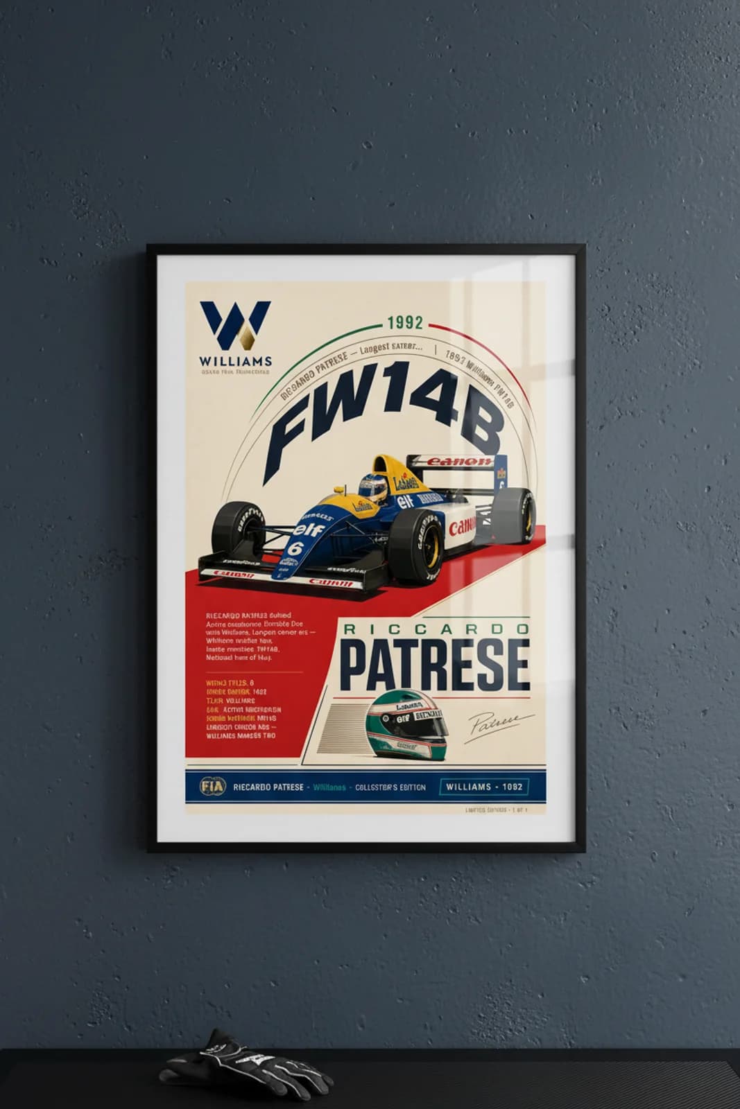 Riccardo Patrese poster in black A2 frame on diagonal-navy-fw14b-watermark polished concrete wall — F1 heritage collector mockup