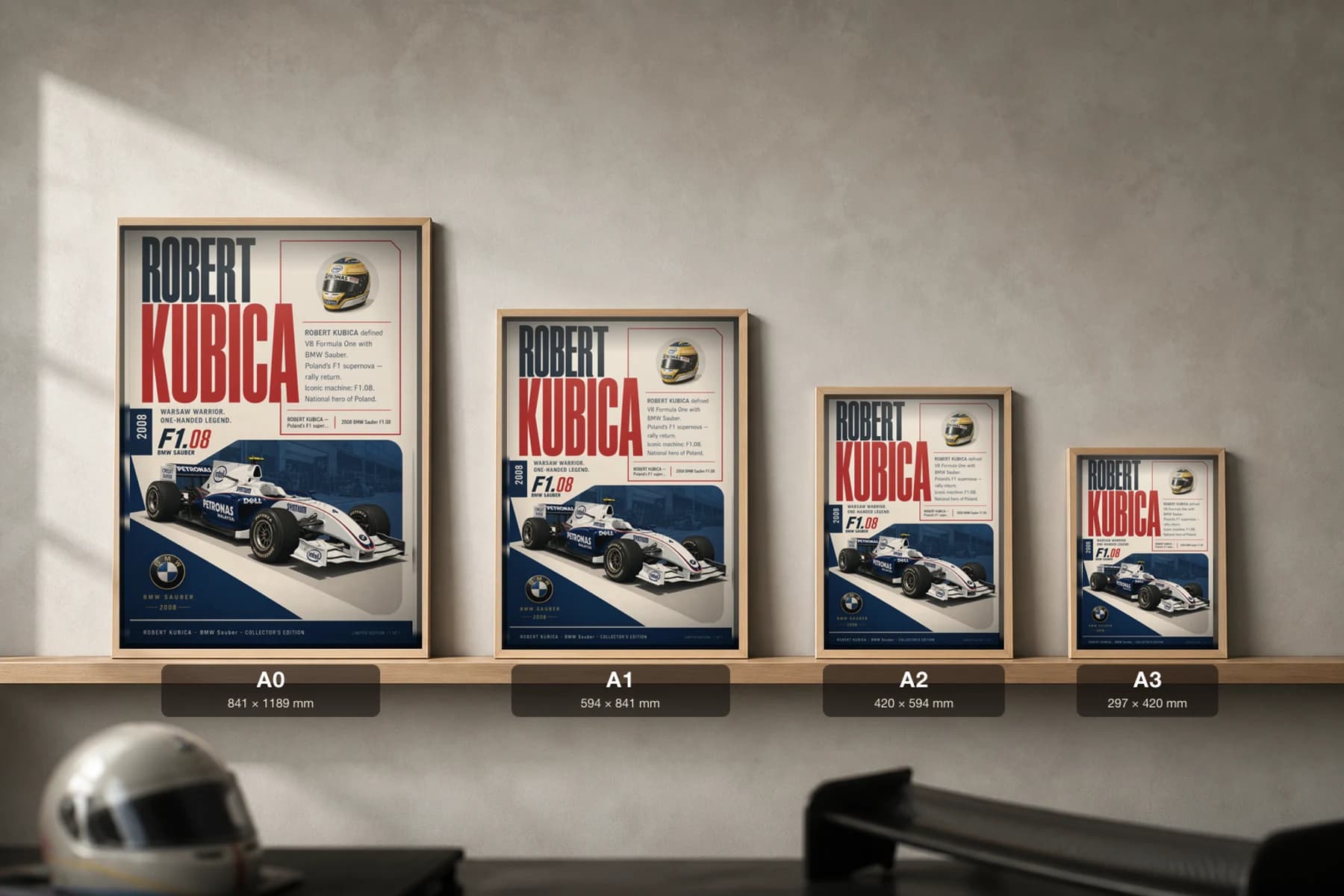 Robert Kubica Poster — 2008 BMW Sauber F1.08 V8 F1 Heritage Collector Print — print size guide showing the artwork at A0, A1, A2 and A3 in natural-oak frames at true relative scale
