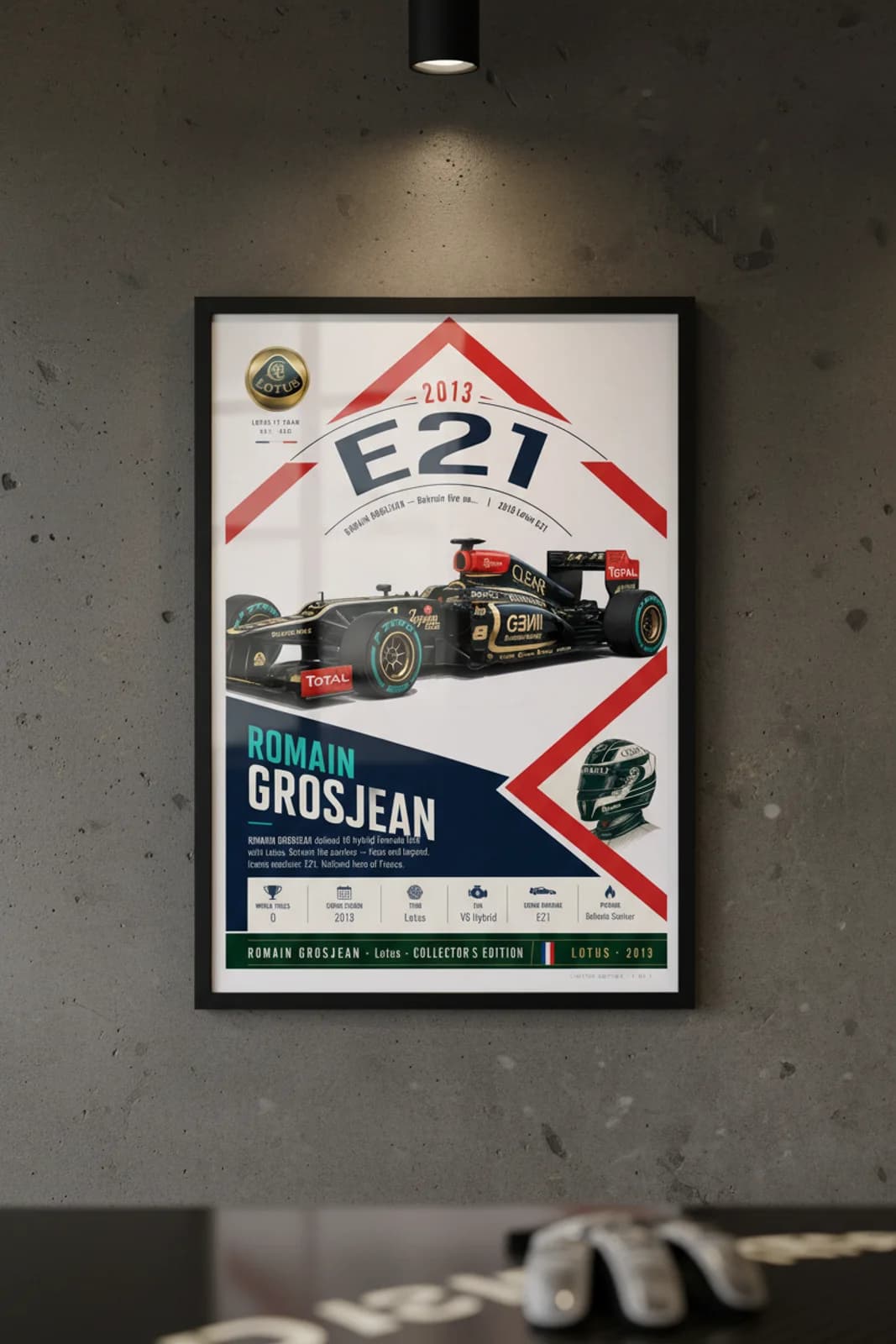 Romain Grosjean poster in black A2 frame on lotus-black-gold polished concrete wall — F1 heritage collector mockup