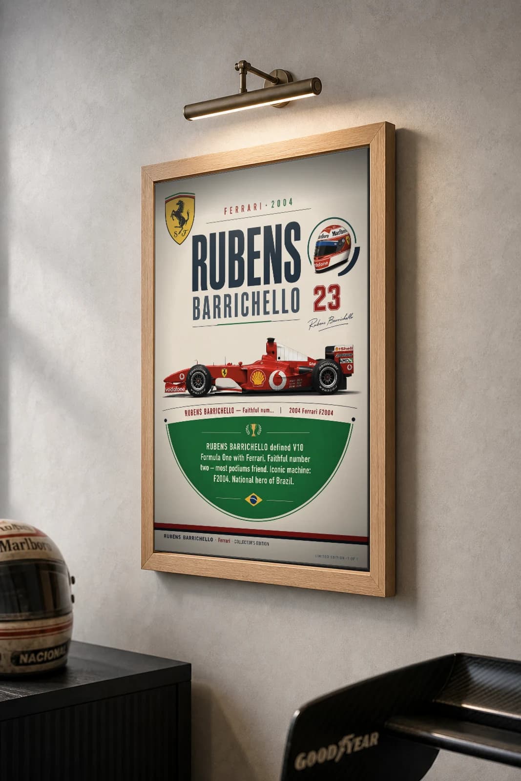 Rubens Barrichello Poster — 2004 Ferrari F2004 V10 F1 Heritage Collector Print — the framed print shown at a three-quarter angle on a styled gallery wall in a natural-oak frame