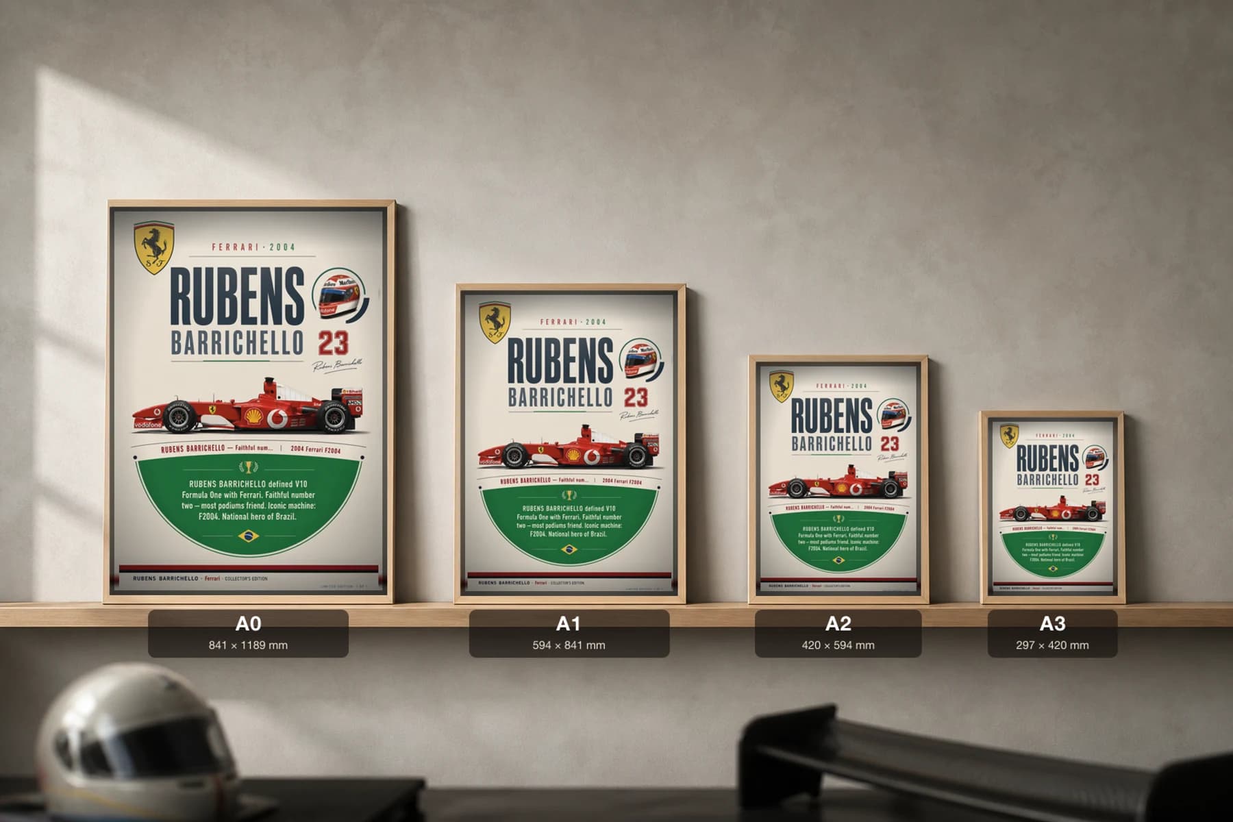 Rubens Barrichello Poster — 2004 Ferrari F2004 V10 F1 Heritage Collector Print — print size guide showing the artwork at A0, A1, A2 and A3 in natural-oak frames at true relative scale