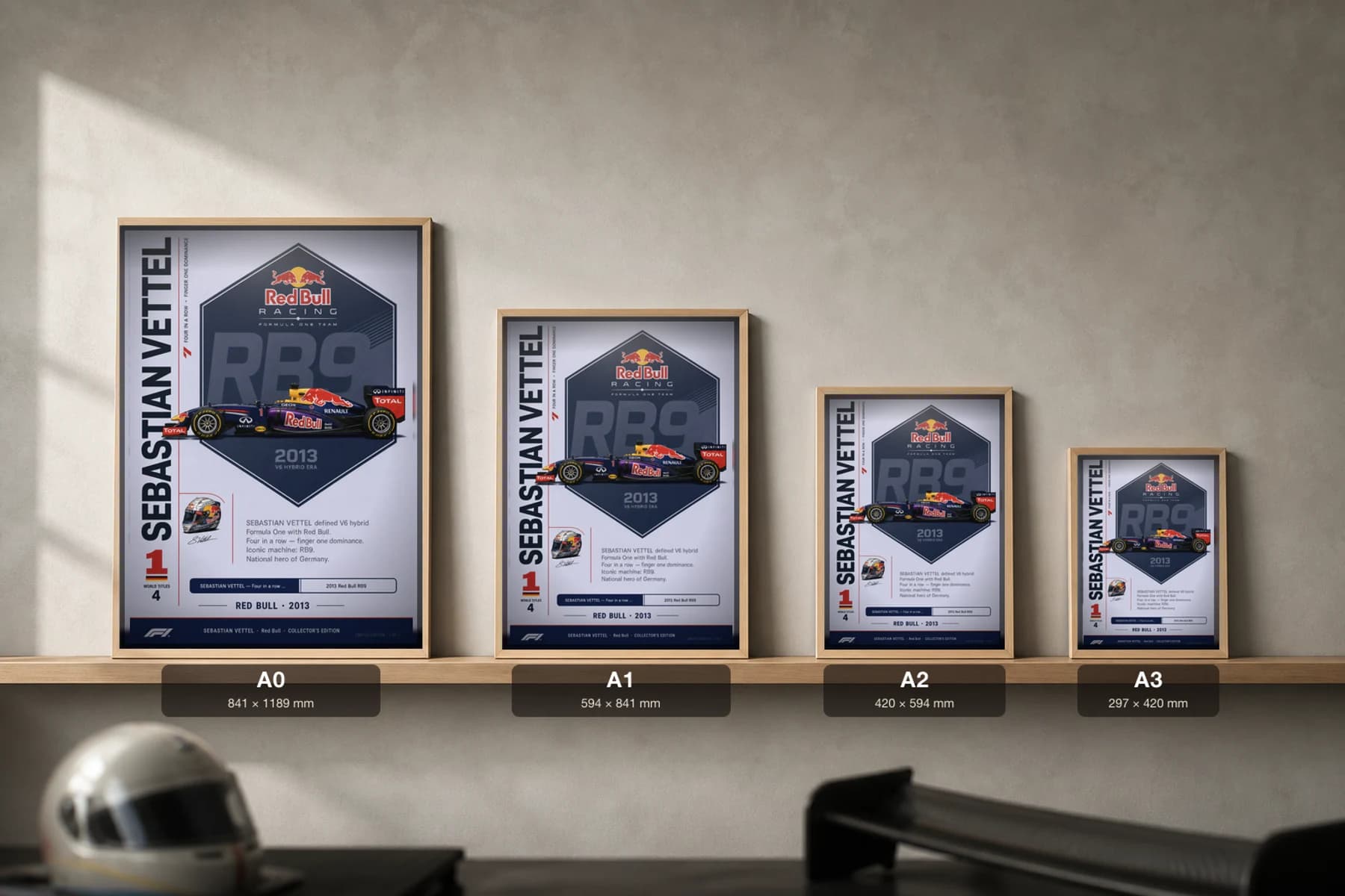 Sebastian Vettel Poster — 2013 Red Bull RB9 V6 Hybrid F1 Heritage Collector Print — print size guide showing the artwork at A0, A1, A2 and A3 in natural-oak frames at true relative scale
