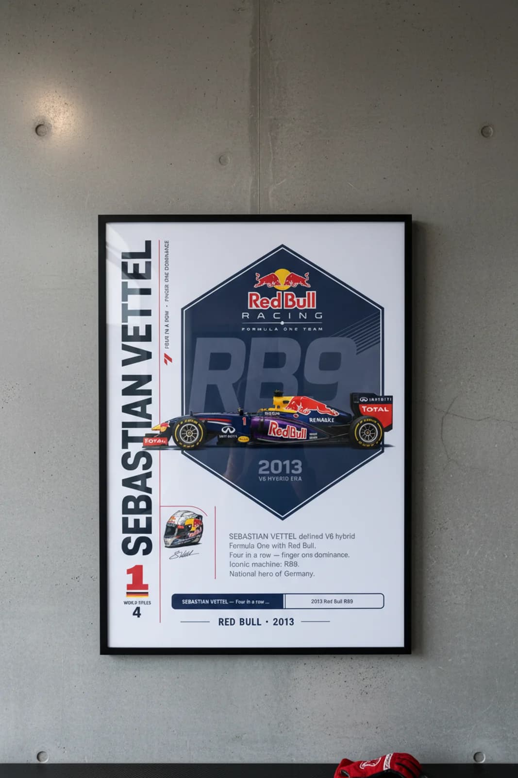 Sebastian Vettel poster in black A2 frame on navy-hexagon-frame polished concrete wall — F1 heritage collector mockup