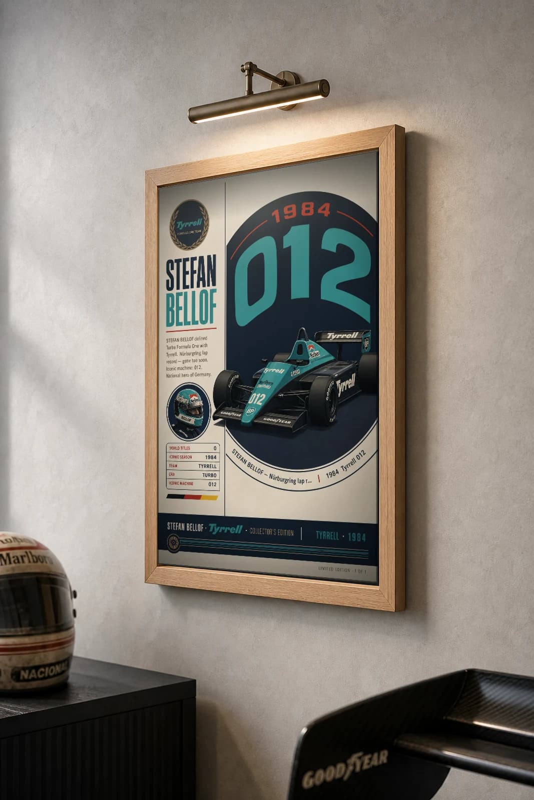 Stefan Bellof Poster — 1984 Tyrrell 012 Turbo F1 Heritage Collector Print — the framed print shown at a three-quarter angle on a styled gallery wall in a natural-oak frame