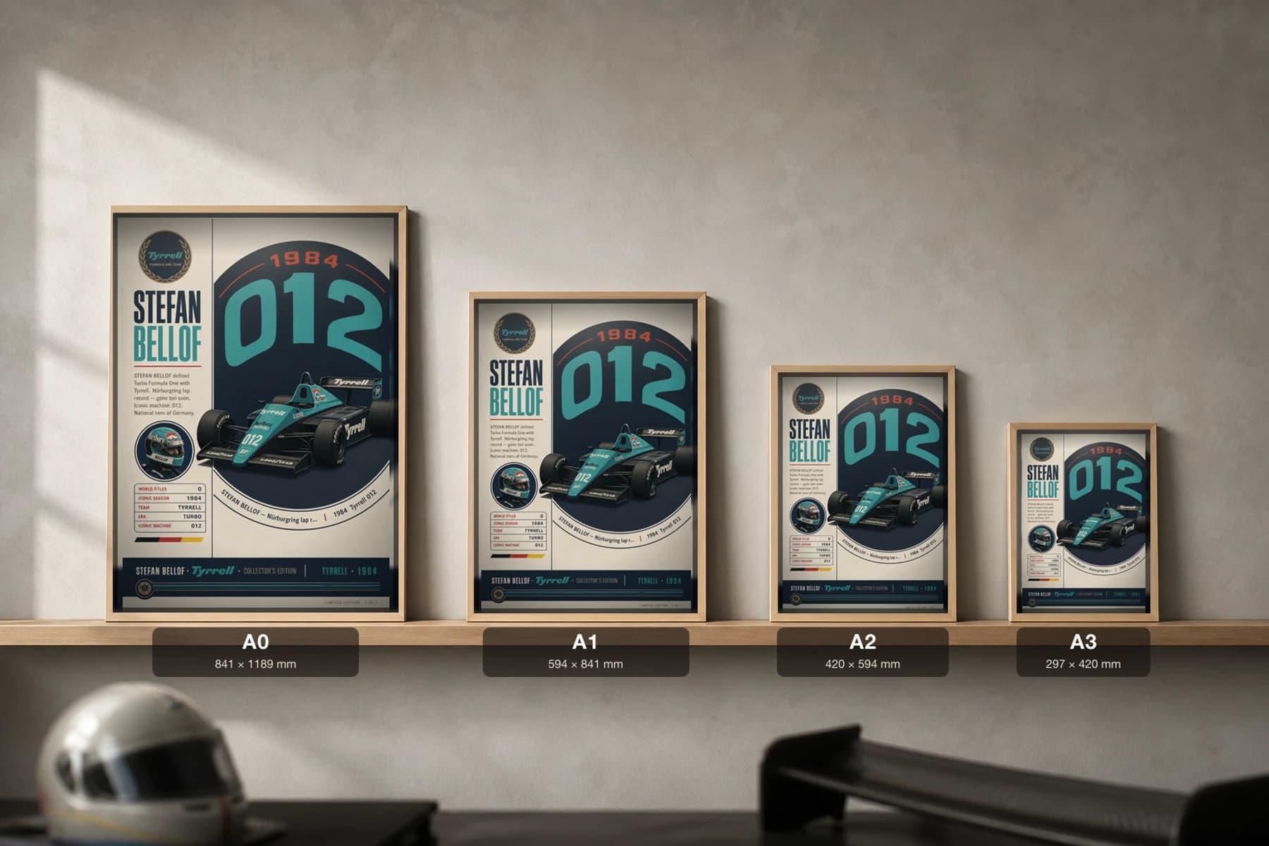 Stefan Bellof Poster — 1984 Tyrrell 012 Turbo F1 Heritage Collector Print — print size guide showing the artwork at A0, A1, A2 and A3 in natural-oak frames at true relative scale
