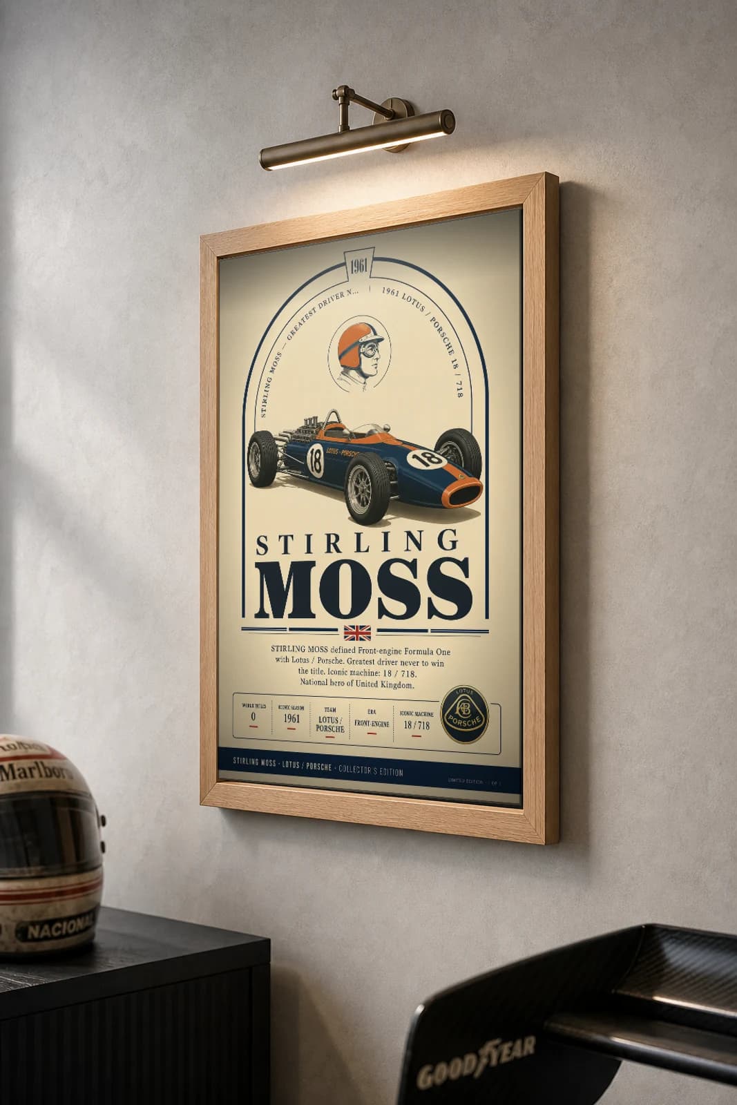Stirling Moss Poster — 1961 Lotus 18 Front-Engine F1 Heritage Collector Print — the framed print shown at a three-quarter angle on a styled gallery wall in a natural-oak frame