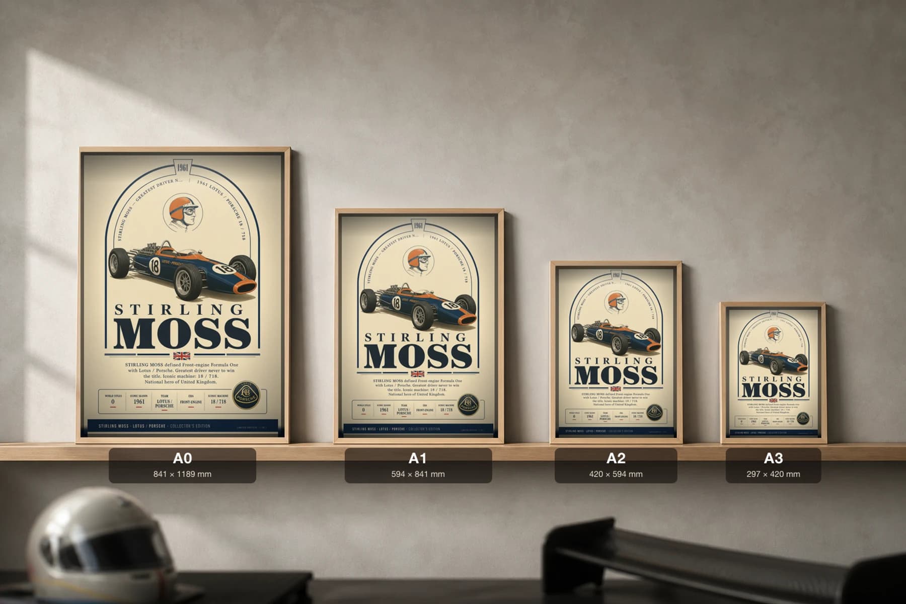 Stirling Moss Poster — 1961 Lotus 18 Front-Engine F1 Heritage Collector Print — print size guide showing the artwork at A0, A1, A2 and A3 in natural-oak frames at true relative scale