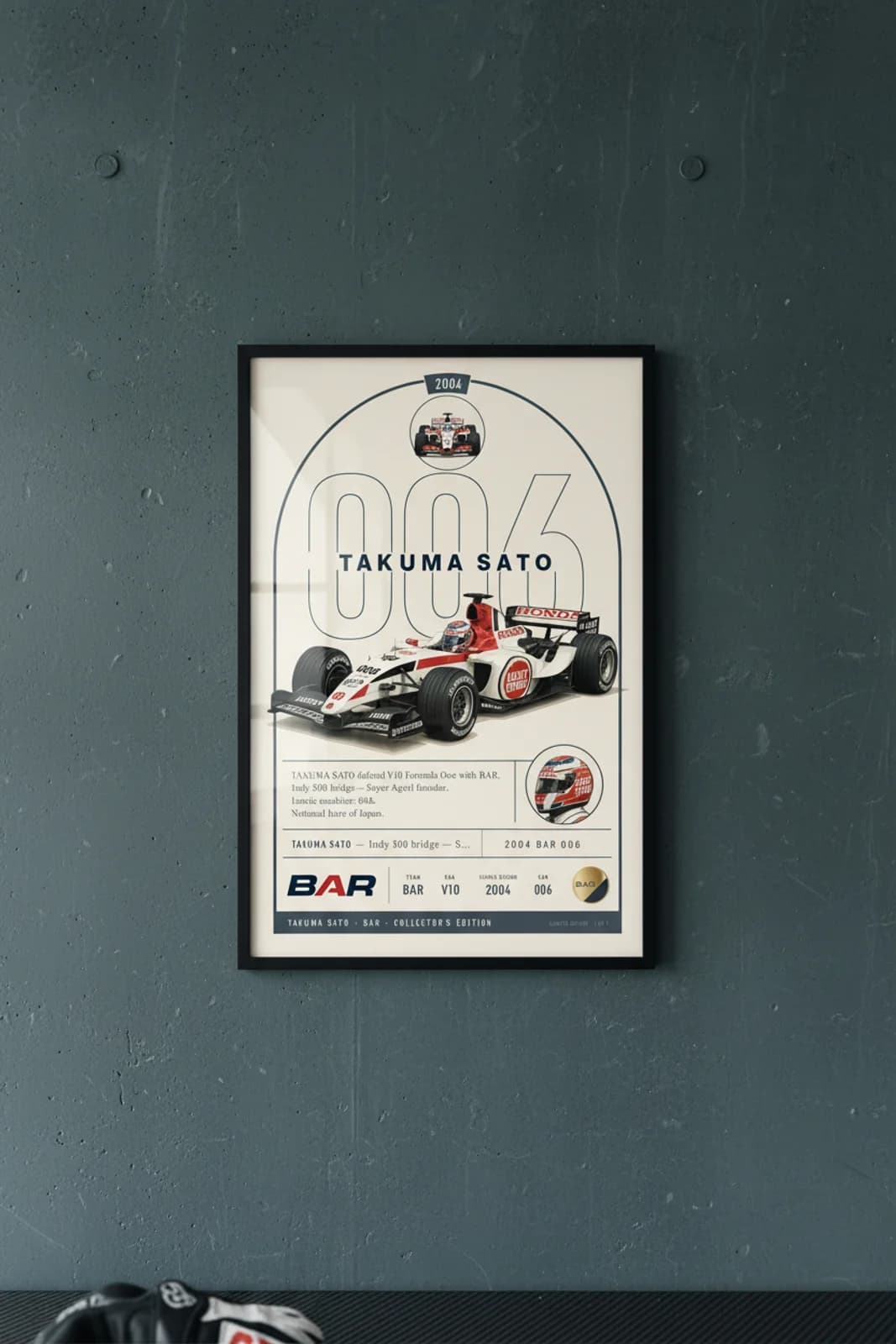 Takuma Sato poster in black A2 frame on dark-navy-arch-frame polished concrete wall — F1 heritage collector mockup