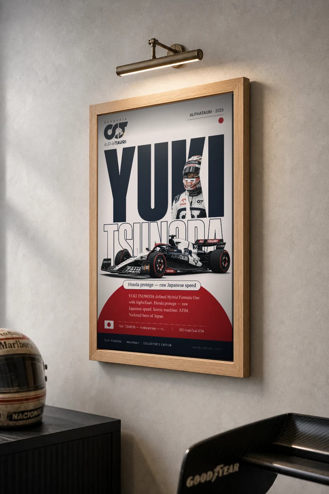 Yuki Tsunoda Poster — 2023 AlphaTauri AT04 Hybrid F1 Heritage Collector Print — the framed print shown at a three-quarter angle on a styled gallery wall in a natural-oak frame