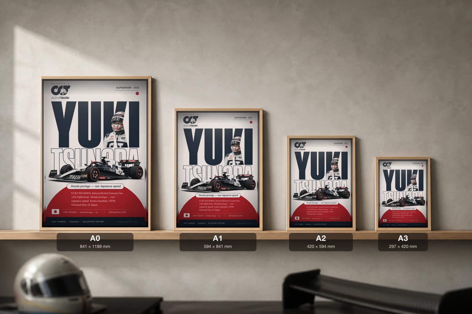 Yuki Tsunoda Poster — 2023 AlphaTauri AT04 Hybrid F1 Heritage Collector Print — print size guide showing the artwork at A0, A1, A2 and A3 in natural-oak frames at true relative scale