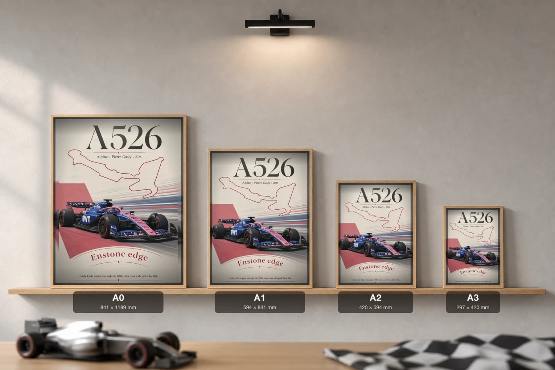 Alpine F1 Team A526 — Pierre Gasly Poster — undefined F1 Grid Editorial Wall Art · framed A2 — print size guide showing the artwork at A0, A1, A2 and A3 in natural-oak frames at true relative scale