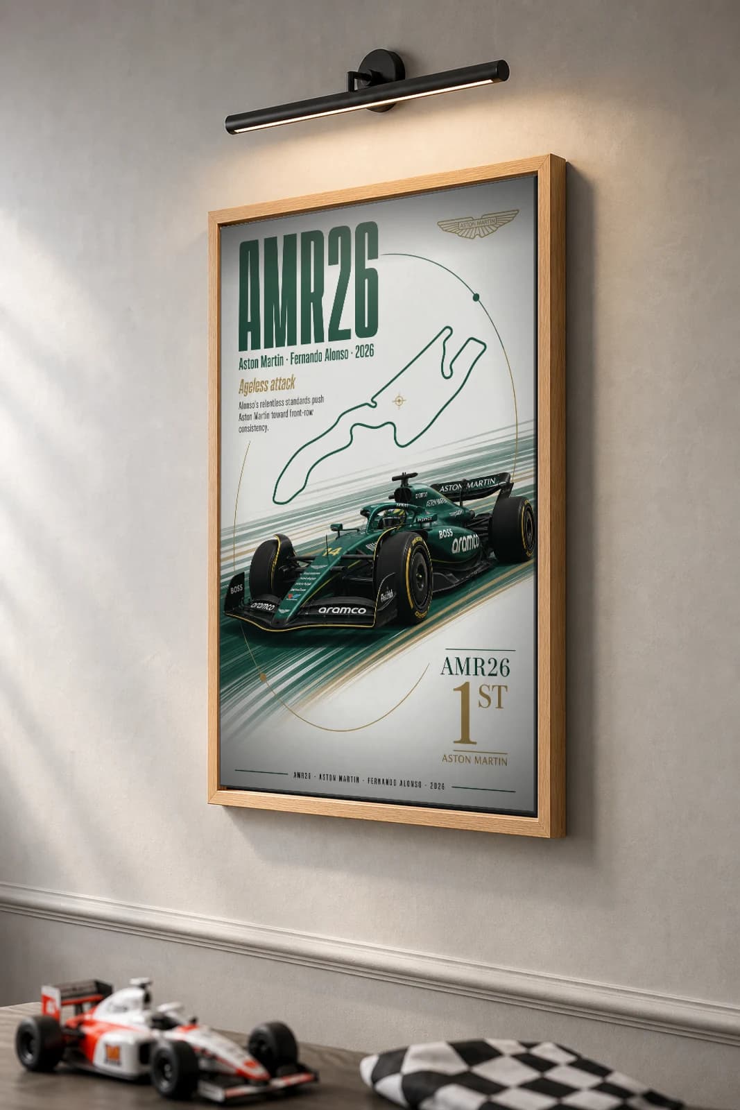 Aston Martin AMR26 — Fernando Alonso Poster — undefined F1 Grid Editorial Wall Art · framed A2 — the framed print shown at a three-quarter angle on a styled gallery wall in a natural-oak frame