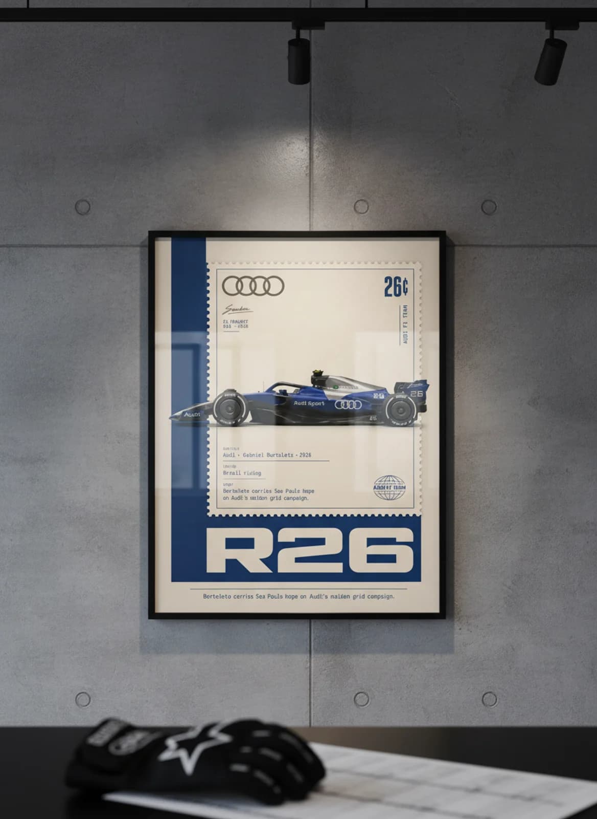Gabriel Bortoleto — R26 F1 Grid print in black A2 frame on audi-silver-red editorial-slate wall — Formula 1 media room mockup