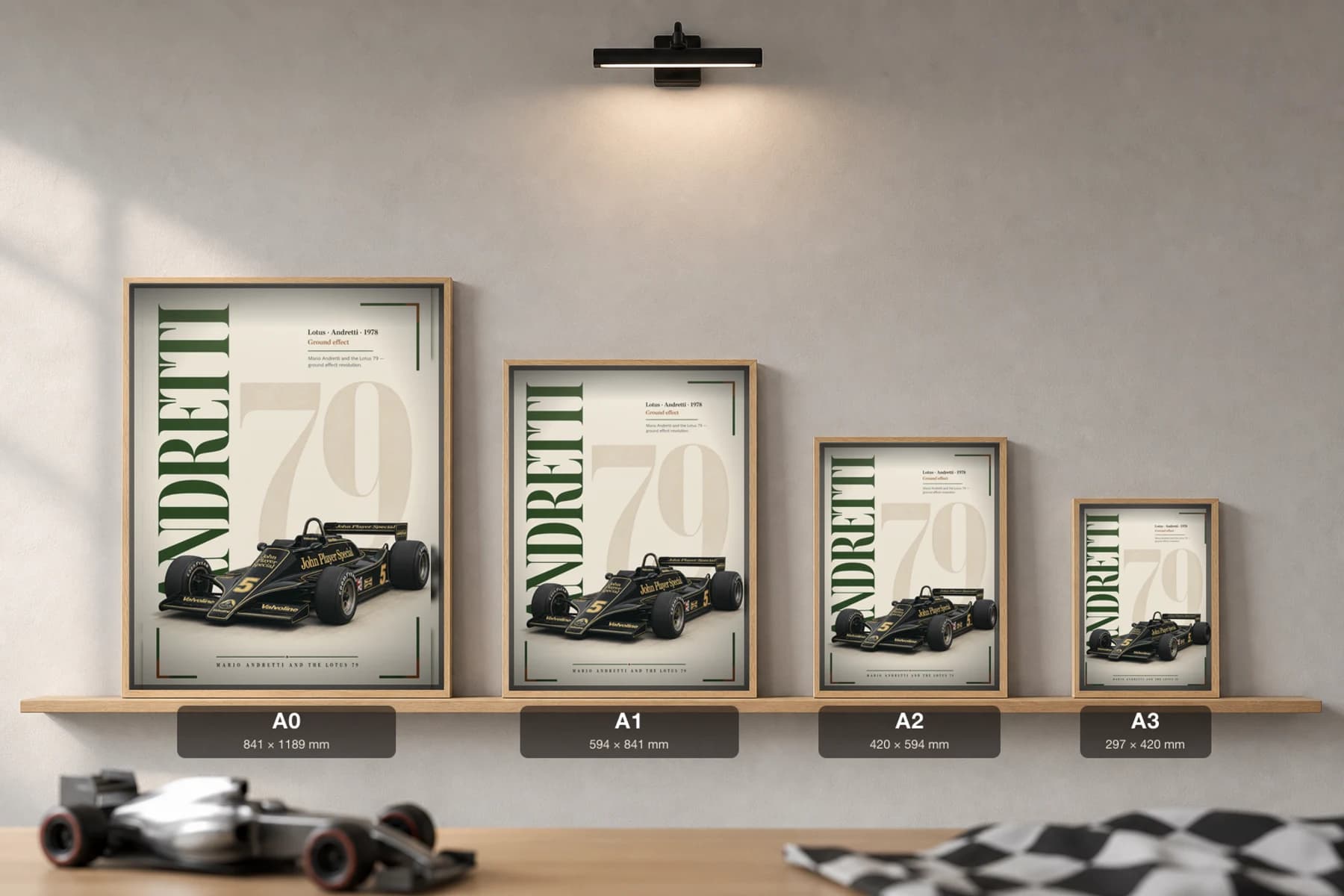 Mario Andretti — Mario Andretti — classic Lotus 78 heritage plate Poster — 78 F1 Grid Editorial Wall Art · framed A2 — print size guide showing the artwork at A0, A1, A2 and A3 in natural-oak frames at true relative scale