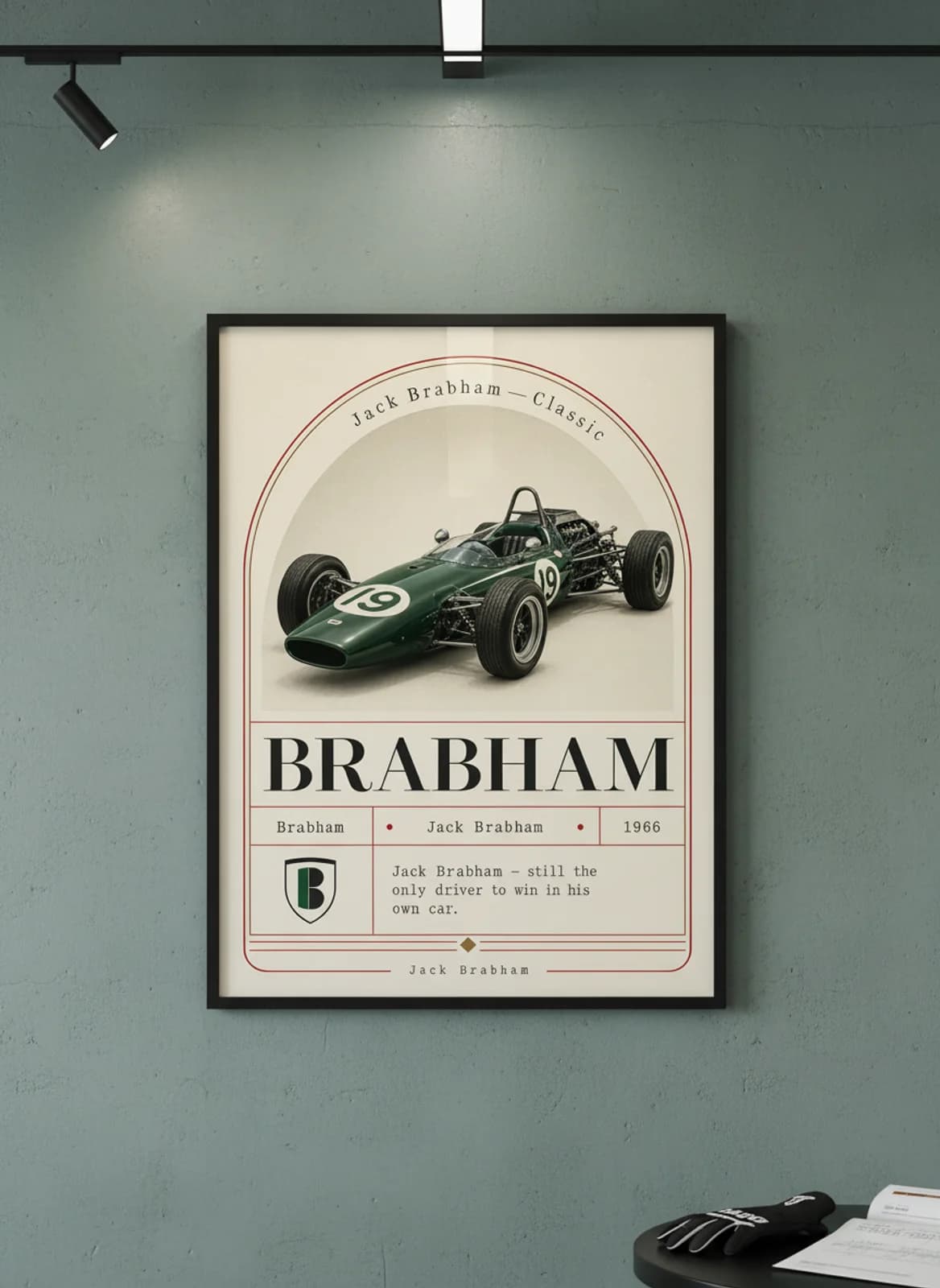 Jack Brabham — Classic F1 Grid print in black A2 frame on brabham-teal editorial-slate wall — Formula 1 media room mockup
