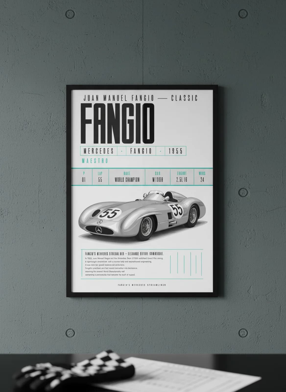 Juan Manuel Fangio — Classic F1 Grid print in black A2 frame on petronas-teal editorial-slate wall — Formula 1 media room mockup