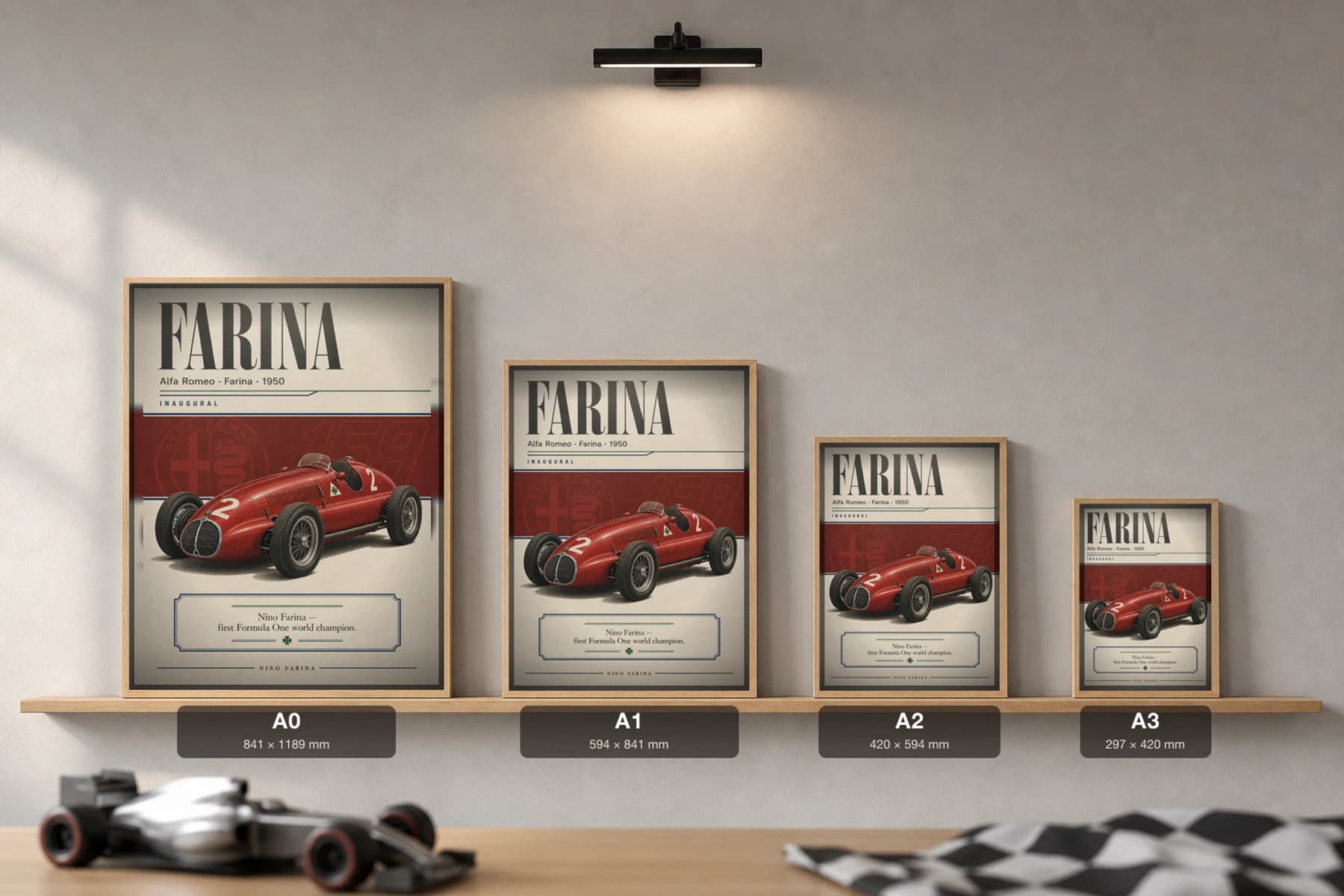 Giuseppe Farina — Giuseppe Farina — classic Alfa Romeo 50 heritage plate Poster — 50 F1 Grid Editorial Wall Art · framed A2 — print size guide showing the artwork at A0, A1, A2 and A3 in natural-oak frames at true relative scale